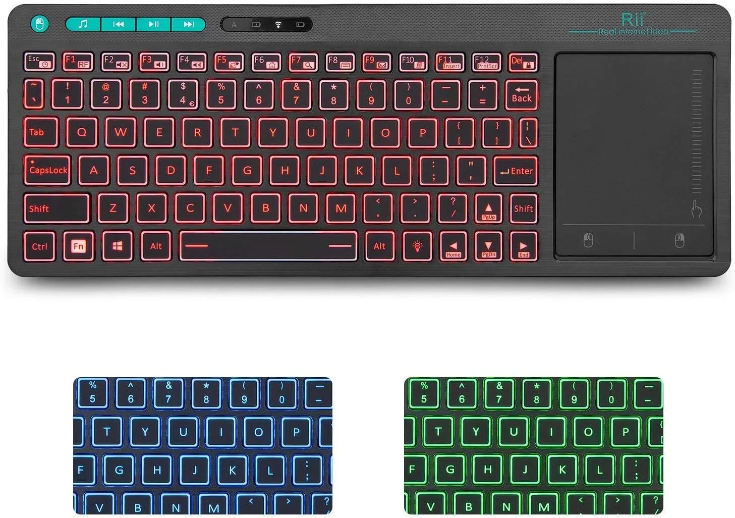 کیبورد بی‌سیم 2.4 گیگاهرتزی Rii K18 با 3 رنگ LED و تاچ‌پد بزرگ داخلی، باتری لیتیوم یونی قابل شارژ برای کامپیوتر، تلویزیون هوشمند گوگل، KODI، Raspberry Pi2/3، HTPC IPTV، اندروید باکس، XBMC، ویندوز 2000 XP