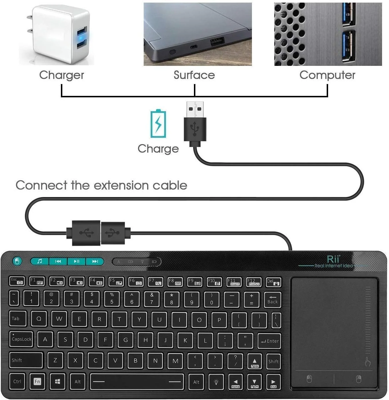 کیبورد بی‌سیم 2.4 گیگاهرتزی Rii K18 با 3 رنگ LED و تاچ‌پد بزرگ داخلی، باتری لیتیوم یونی قابل شارژ برای کامپیوتر، تلویزیون هوشمند گوگل، KODI، Raspberry Pi2/3، HTPC IPTV، اندروید باکس، XBMC، ویندوز 2000 XP