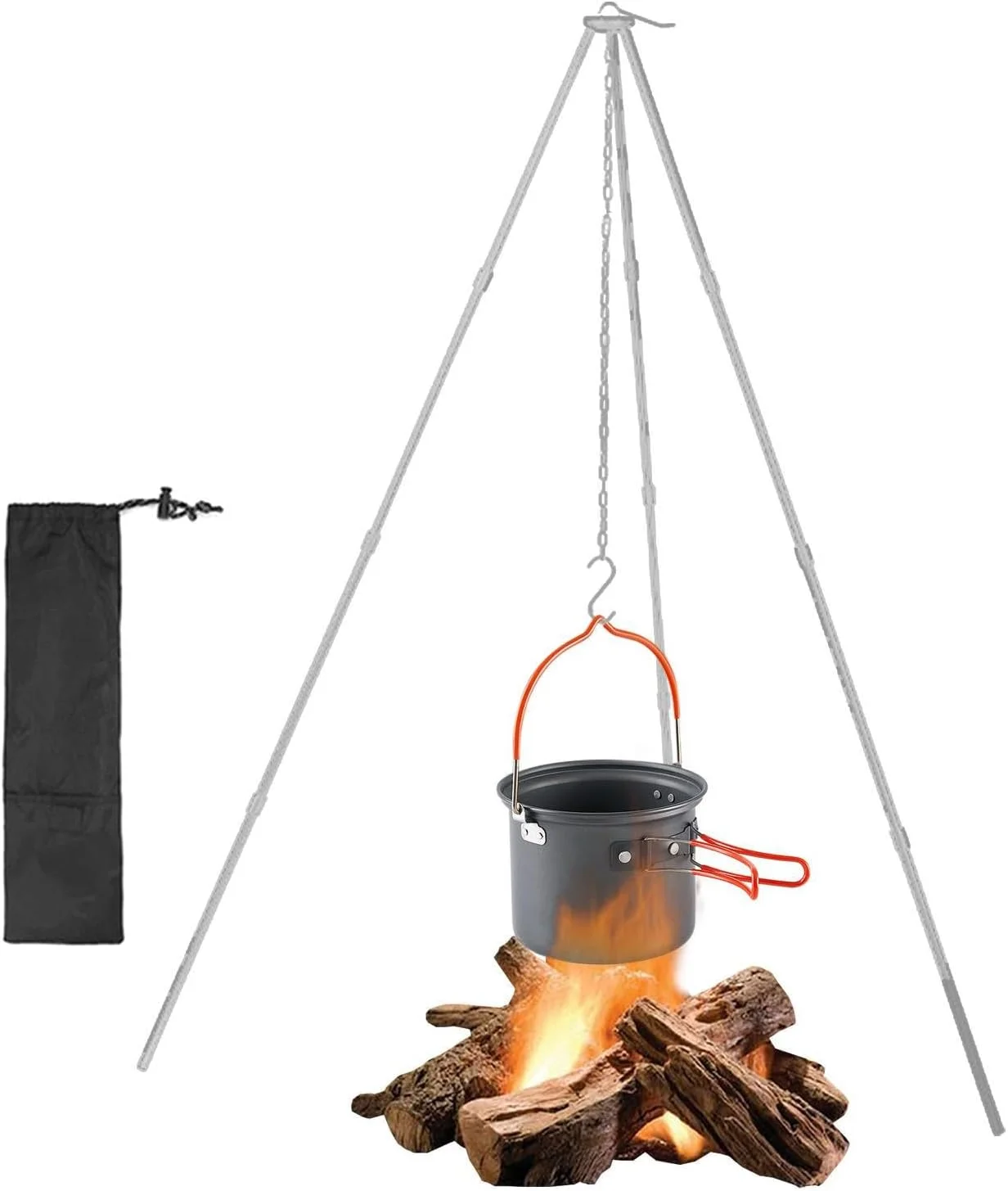 سه پایه پخت و پز تجهیزات کمپینگ - لوازم جانبی پخت و پز آتش، سه پایه کمپ تاشو، پایه آتشدان آلیاژ آلومینیوم، سبک وزن، زنجیر قابل تنظیم