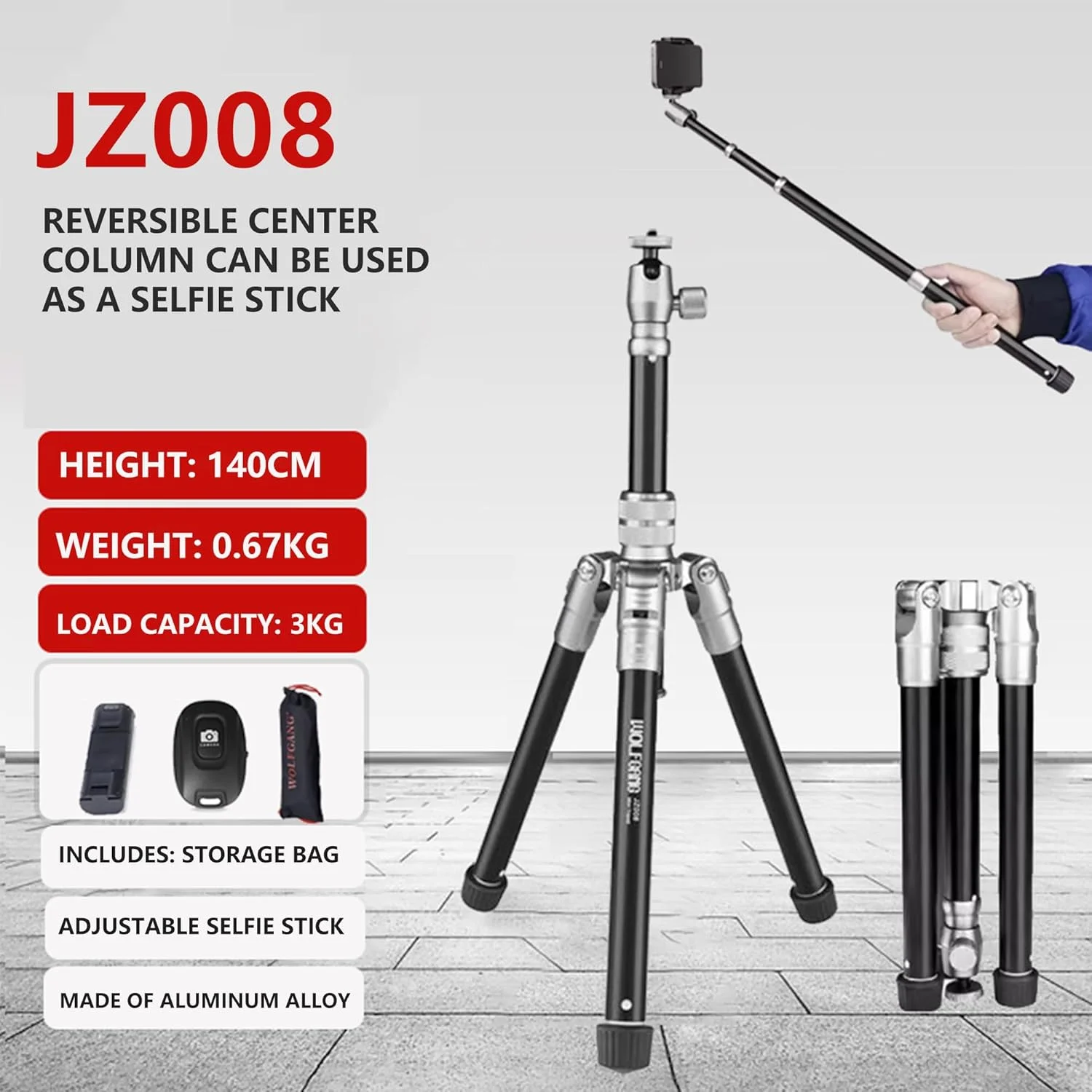 پایه سه پایه JZ008 قابل حمل برای مونوپاد سلفی سازگار با تلفن های همراه، دوربین های DSLR و دوربین های بدون آینه با ذخیره سازی معکوس به همراه ریموت کنترل - تصویر 2 پایه سه پایه JZ008 قابل حمل برای مونوپاد سلفی سازگار با تلفن های همراه، دوربین های DSLR و دوربین های بدون آینه با ذخیره سازی معکوس به همراه ریموت کنترل - تصویر 2