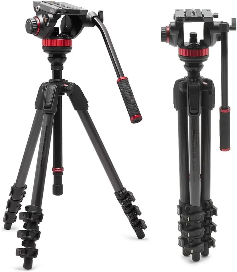 سه پایه فیلمبرداری Manfrotto 055 با هد سیال ویدیویی 502، فیبر کربن، سیستم سه پایه سنگین حرفه ای، با ستون تراز، قفل اهرمی، پایه سه پایه دوربین، برای دوربین های DSLR/بدون آینه، دوربین های فیلمبرداری