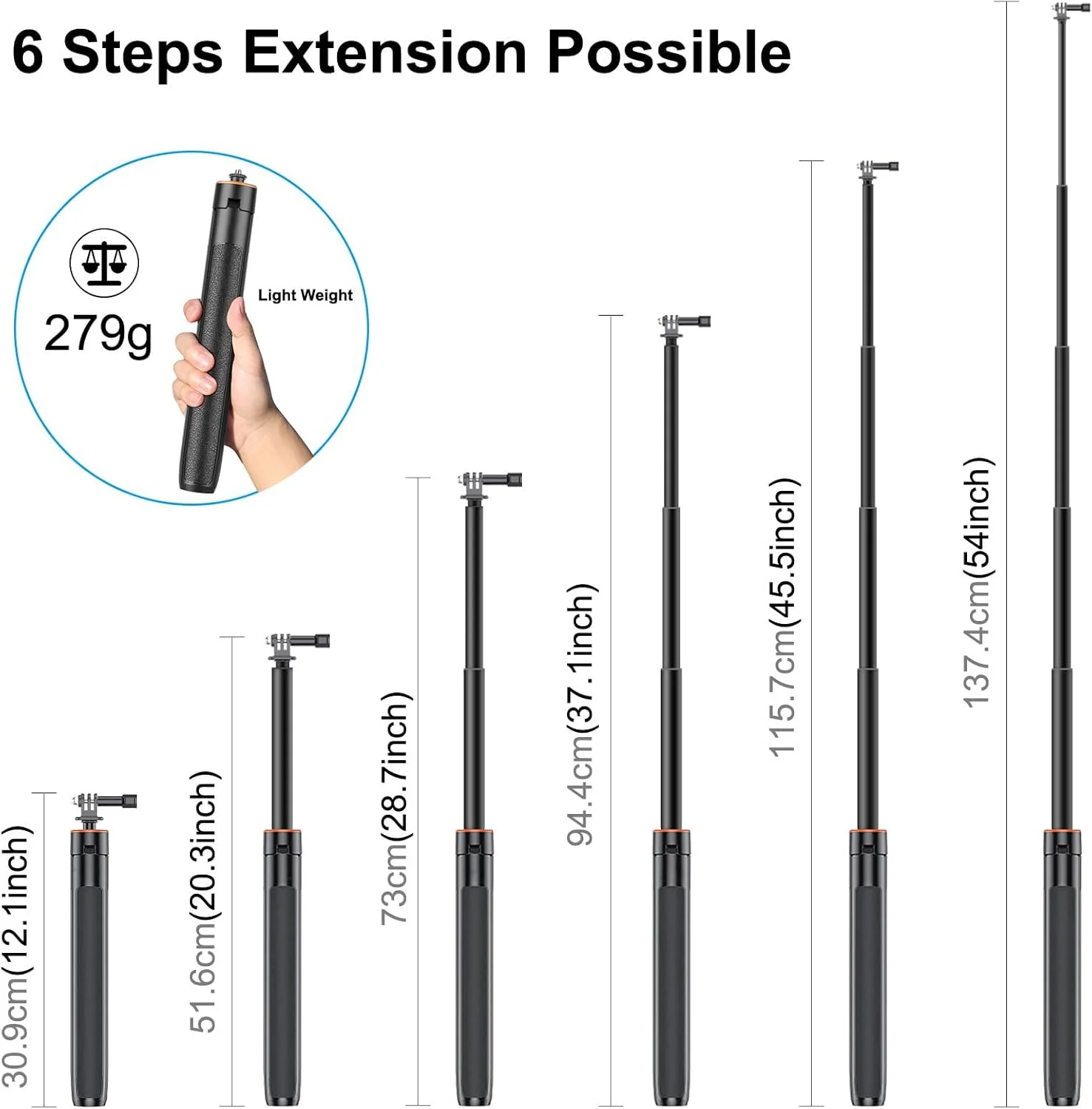 پایه سلفی استیک سه پایه 54 اینچی/1.4 متری YicDofu قابل افزایش طول برای دوربین اکشن، پایه دوربین آلیاژ آلومینیوم 2 در 1 برای عکس های گروهی/ولاگ/پخش زنده برای Insta360/GoPro/DJI Osmo و غیره