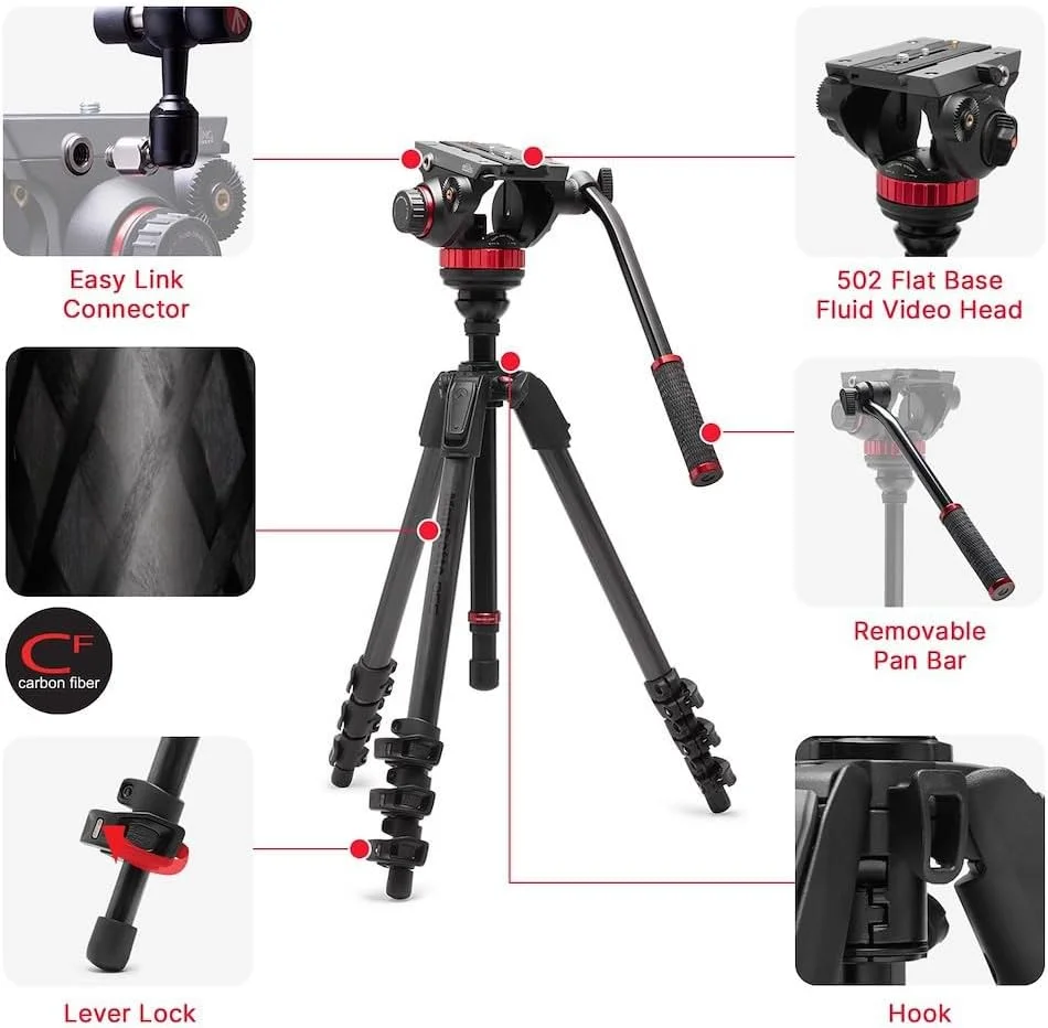 سه پایه فیلمبرداری Manfrotto 055 با هد سیال ویدیویی 502، فیبر کربن، سیستم سه پایه سنگین حرفه ای، با ستون تراز، قفل اهرمی، پایه سه پایه دوربین، برای دوربین های DSLR/بدون آینه، دوربین های فیلمبرداری