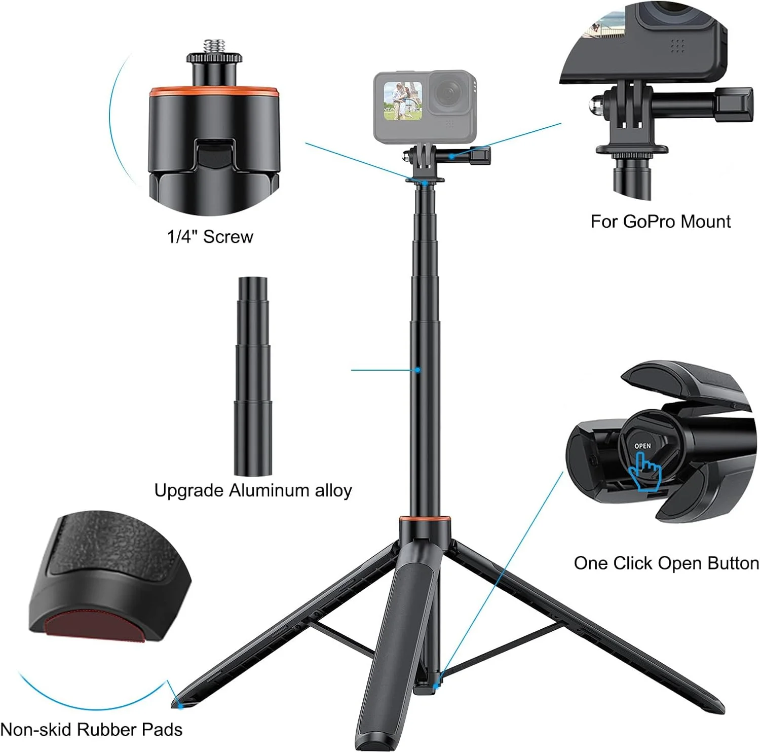 پایه سلفی استیک سه پایه 54 اینچی/1.4 متری YicDofu قابل افزایش طول برای دوربین اکشن، پایه دوربین آلیاژ آلومینیوم 2 در 1 برای عکس های گروهی/ولاگ/پخش زنده برای Insta360/GoPro/DJI Osmo و غیره