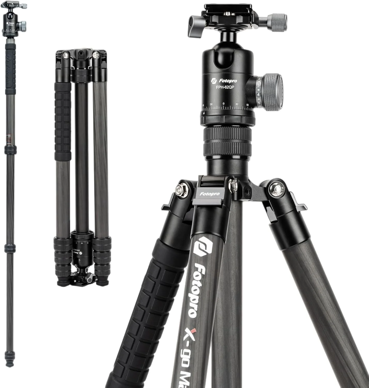 سه پایه فیبر کربنی 68 اینچی Fotopro برای دوربین، سه پایه مسافرتی جمع و جور با هد توپی، تک پایه جداشدنی با صفحه رهاسازی سریع و کیف حمل، تحمل بار تا 12 کیلوگرم مدل X-go Max E2 مشکی