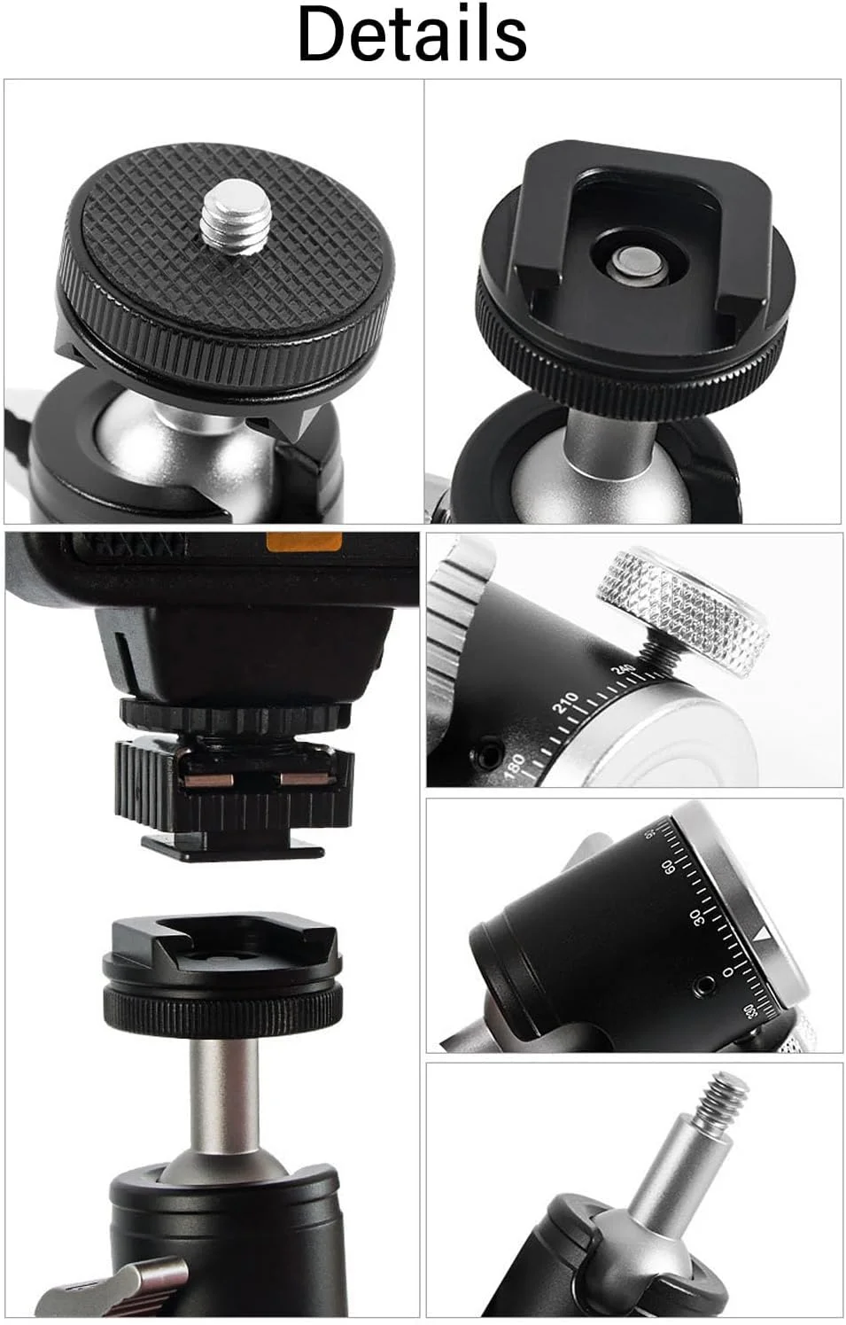 سر سه پایه دوربین عمومی، پد محافظ نرم، جعبه نگهداری سوزن، مانت کفشک سرد، آلیاژ آلومینیوم، سر توپی کوچک سبک وزن با پیچ 1/4 اینچی برای چراغ ها
