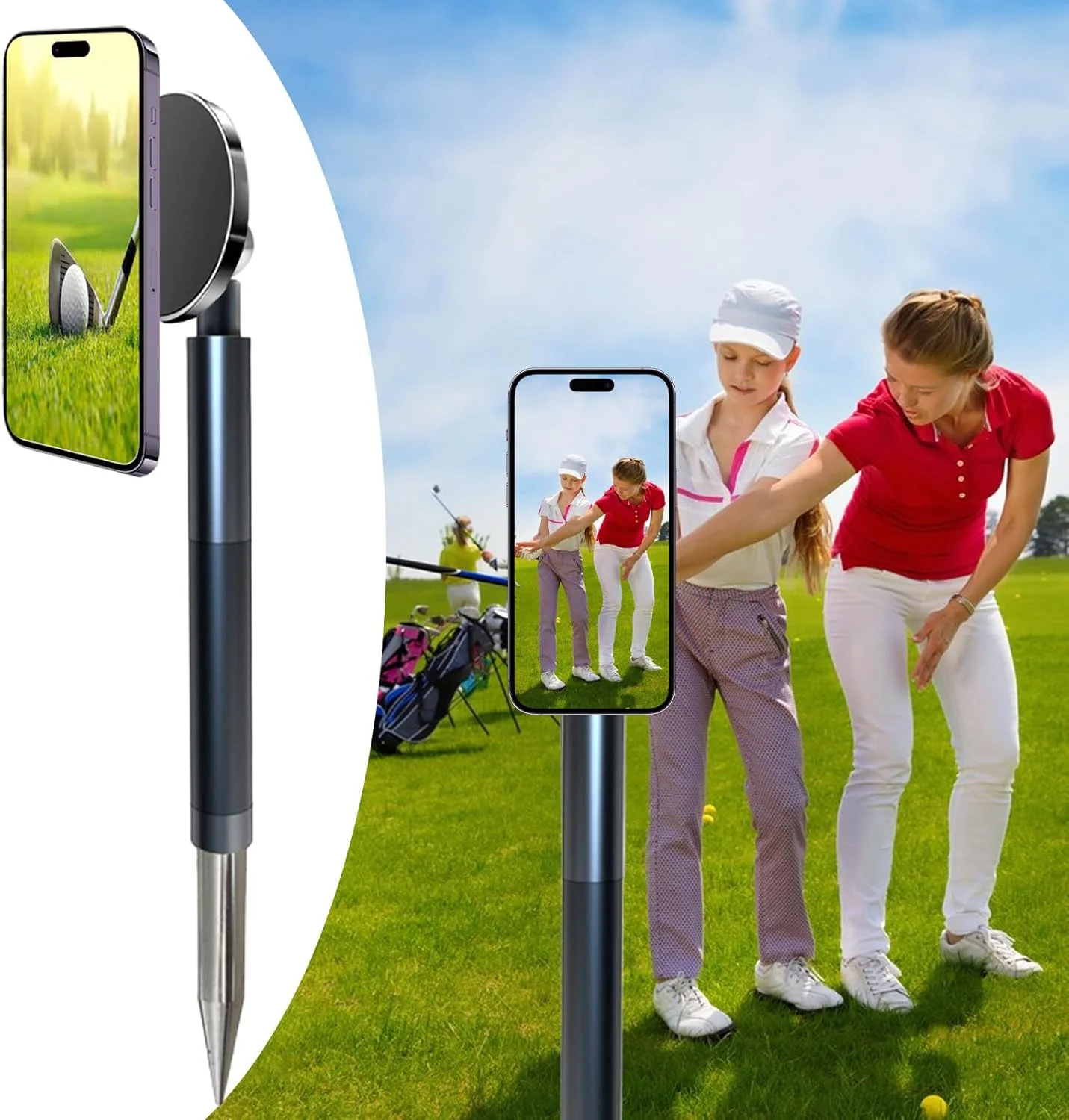 نگهدارنده تلفن همراه گلف | پایه مونوپاد مغناطیسی گلف با میخ - ابزار تمرینی قابل حمل برای نصب تلفن همراه، فیلمبرداری در فضای باز، تمرین، فیلمبرداری، مبتدیان، مربیان، علاقه مندان