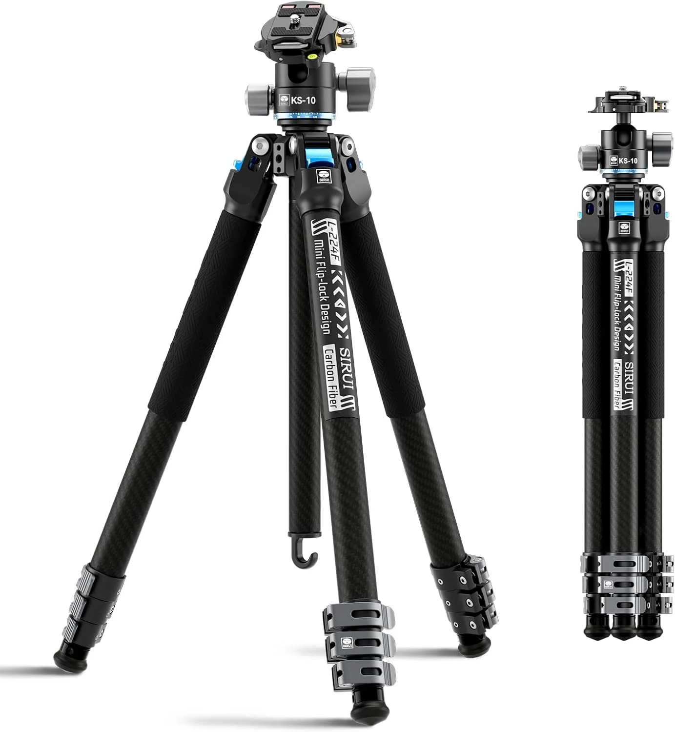 سه پایه مسافرتی فیبر کربنی SIRUI با هد توپی کم ارتفاع، سه پایه سبک و جمع و جور 58.6 اینچی برای دوربین ها، قفل های سریع مینی فلیپ، ستون مرکزی برگشت پذیر، حداکثر بار 15 کیلوگرم (L-224FL+KS-10)