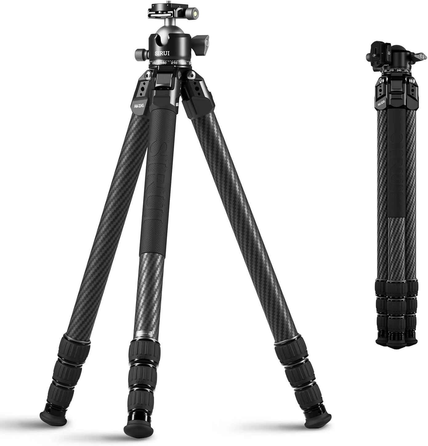 سه پایه فیبر کربنی سنگین SIRUI AM-324S+G1، سه پایه حرفه ای 152 سانتی متری با سر توپی مرکز ثقل پایین، تحمل وزن 20 کیلوگرم، 6 پورت اتصال، مقاوم در برابر خوردگی - برای دوربین های DSLR، بدون آینه، تله فوتو، حیات وحش