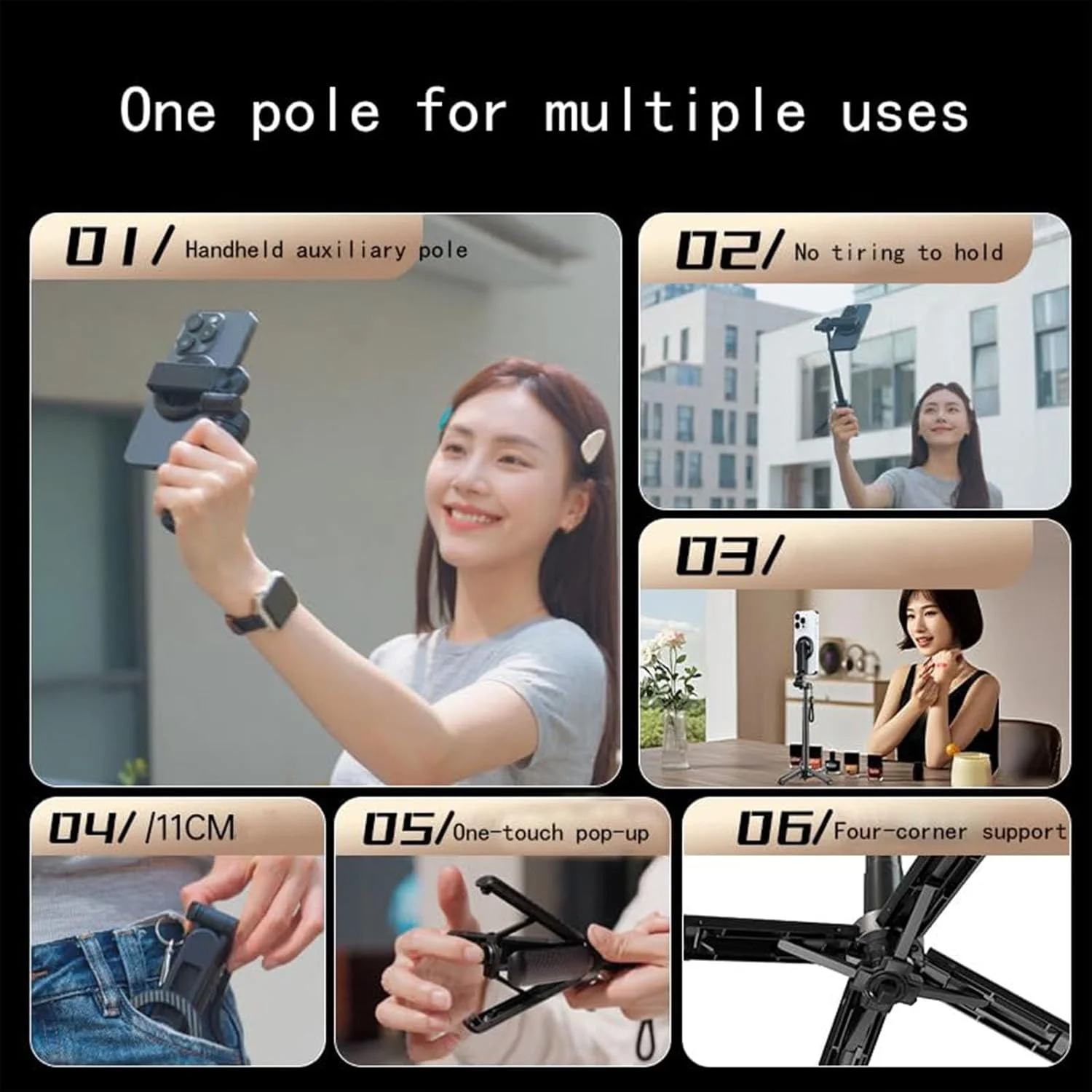 مونوپاد سلفی مغناطیسی چرخشی 360 درجه اپتیکنوک 4 در 1، سه پایه آلیاژ آلومینیومی قابل افزایش و نگهدارنده تلفن با ریموت بلوتوث بی سیم، مینی قابل حمل برای مسافرت