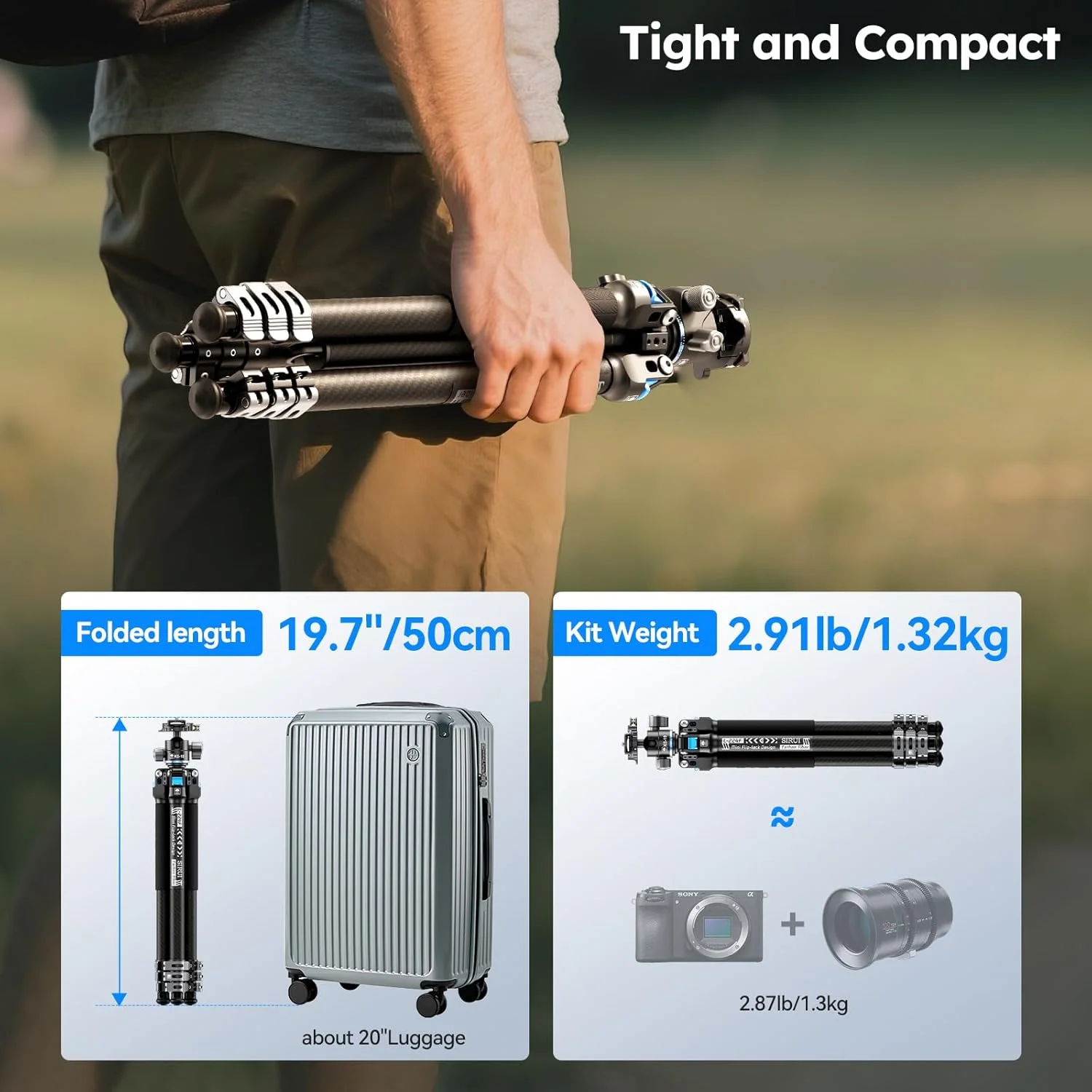 سه پایه مسافرتی فیبر کربنی SIRUI با هد توپی کم ارتفاع، سه پایه سبک و جمع و جور 58.6 اینچی برای دوربین ها، قفل های سریع مینی فلیپ، ستون مرکزی برگشت پذیر، حداکثر بار 15 کیلوگرم (L-224FL+KS-10)