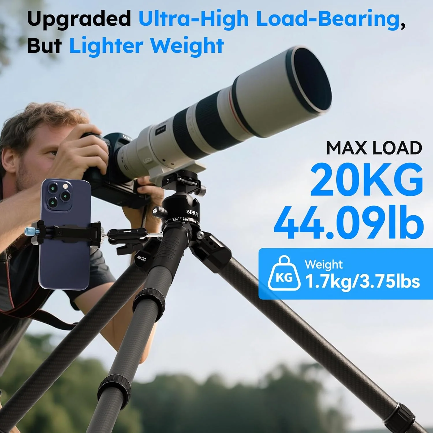 سه پایه فیبر کربنی سنگین SIRUI AM-324S+G1، سه پایه حرفه ای 152 سانتی متری با سر توپی مرکز ثقل پایین، تحمل وزن 20 کیلوگرم، 6 پورت اتصال، مقاوم در برابر خوردگی - برای دوربین های DSLR، بدون آینه، تله فوتو، حیات وحش