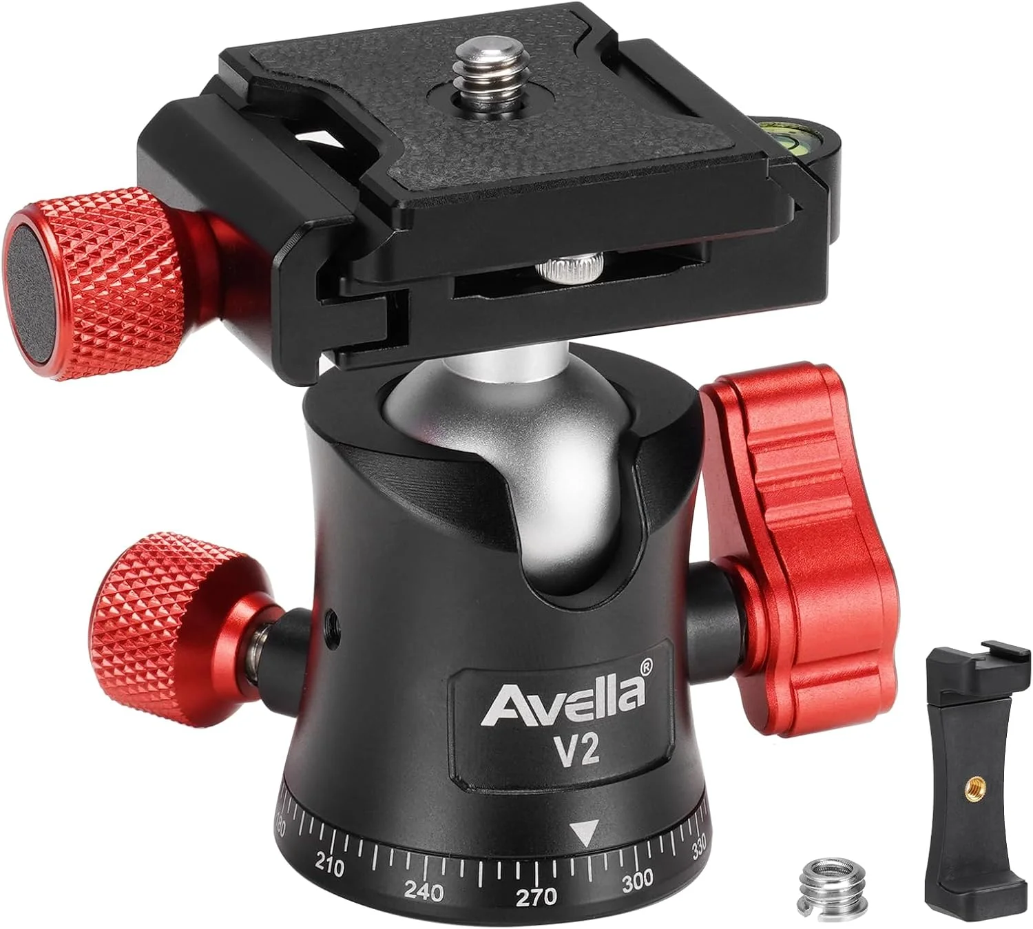 هد توپی پانوراما فلزی حرفه ای Avella V2 با قابلیت چرخش 360 درجه به همراه صفحه رهاسازی سریع 1/4 اینچی و تراز حبابی، تا وزن 8 کیلوگرم، مناسب برای سه پایه، تک پایه، لغزنده، دوربین DSLR و دوربین فیلمبرداری
