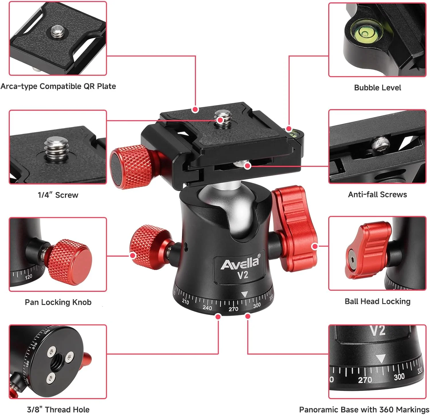 هد توپی پانوراما فلزی حرفه ای Avella V2 با قابلیت چرخش 360 درجه به همراه صفحه رهاسازی سریع 1/4 اینچی و تراز حبابی، تا وزن 8 کیلوگرم، مناسب برای سه پایه، تک پایه، لغزنده، دوربین DSLR و دوربین فیلمبرداری