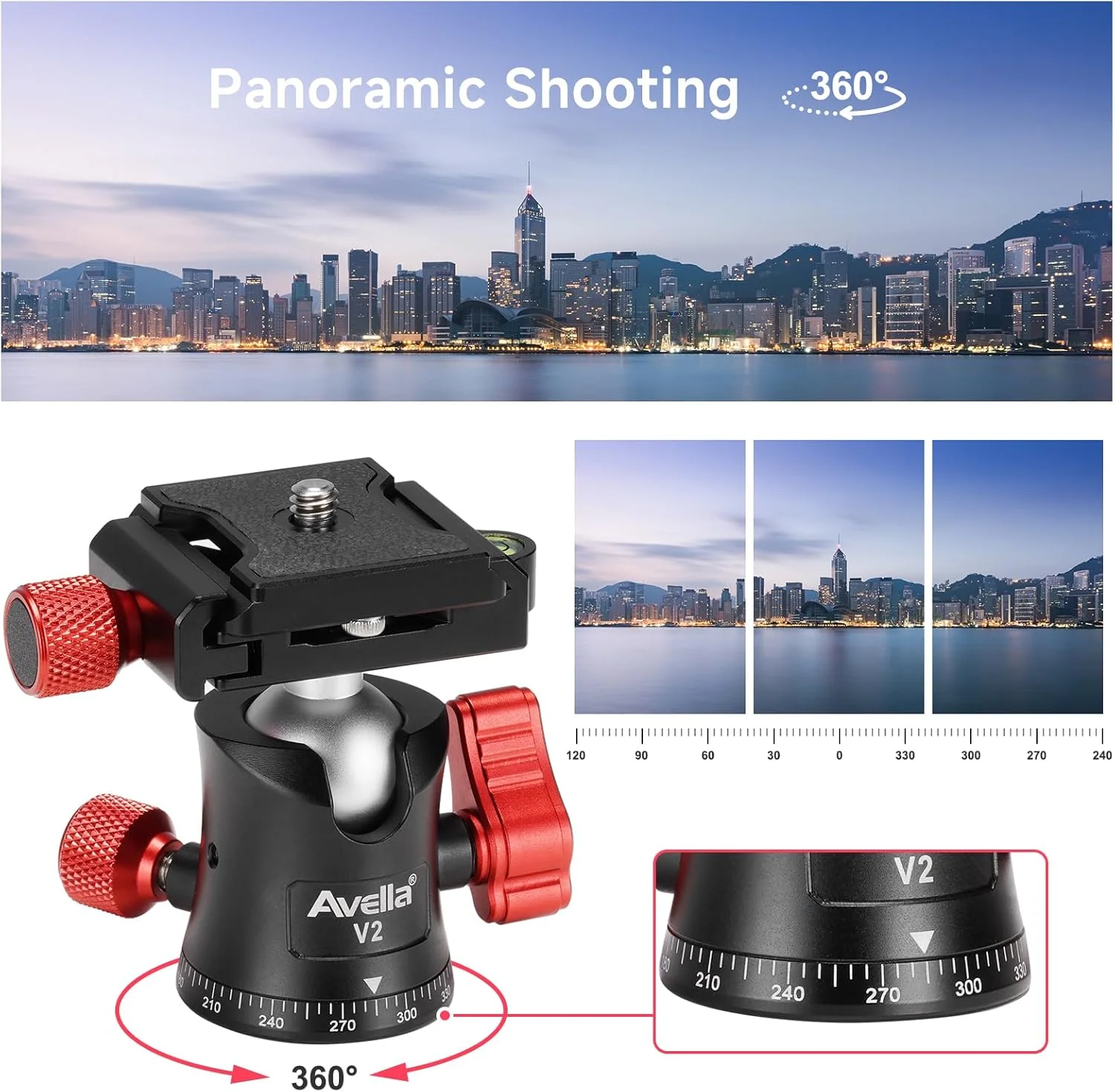 هد توپی پانوراما فلزی حرفه ای Avella V2 با قابلیت چرخش 360 درجه به همراه صفحه رهاسازی سریع 1/4 اینچی و تراز حبابی، تا وزن 8 کیلوگرم، مناسب برای سه پایه، تک پایه، لغزنده، دوربین DSLR و دوربین فیلمبرداری