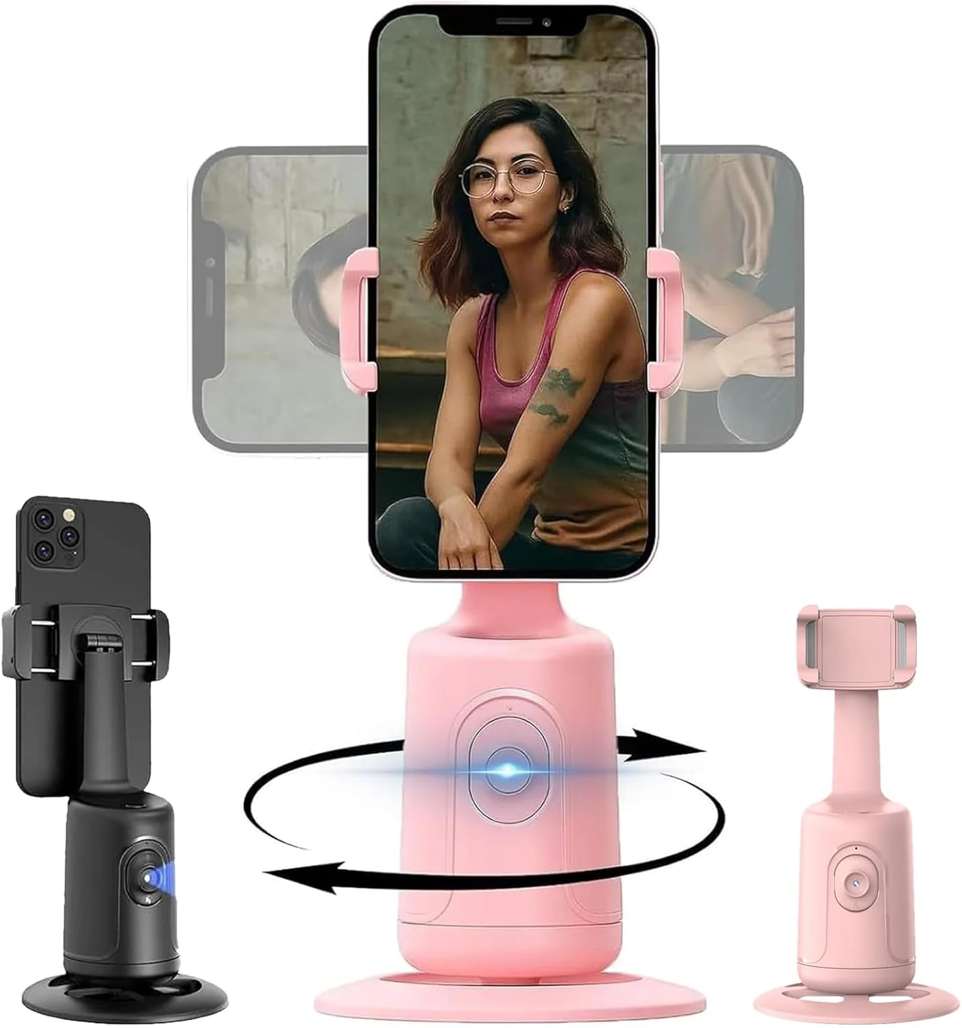 سه پایه تلفن هوشمند با قابلیت تشخیص چهره هوش مصنوعی Shoplyhube 360 درجه، سه پایه ردیابی خودکار چهره، چرخش 360 درجه با پایه، بدون نیاز به برنامه، زاویه قابل تنظیم برای ولاگ و سلفی (صورتی، استاندارد)
