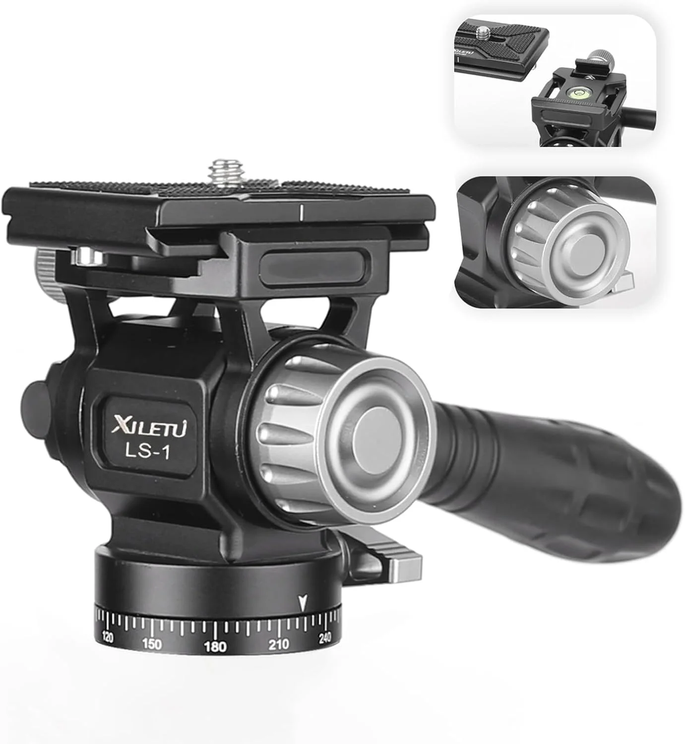 سه‌پایه XILETU با سر هیدرولیک و قابلیت چرخش و شیب با صفحه رهاسازی سریع و دسته، سر سه‌پایه فلزی دوربین سازگار با Arca Swiss برای دوربین‌های فیلمبرداری جمع و جور DSLR حداکثر وزن قابل تحمل 6 کیلوگرم