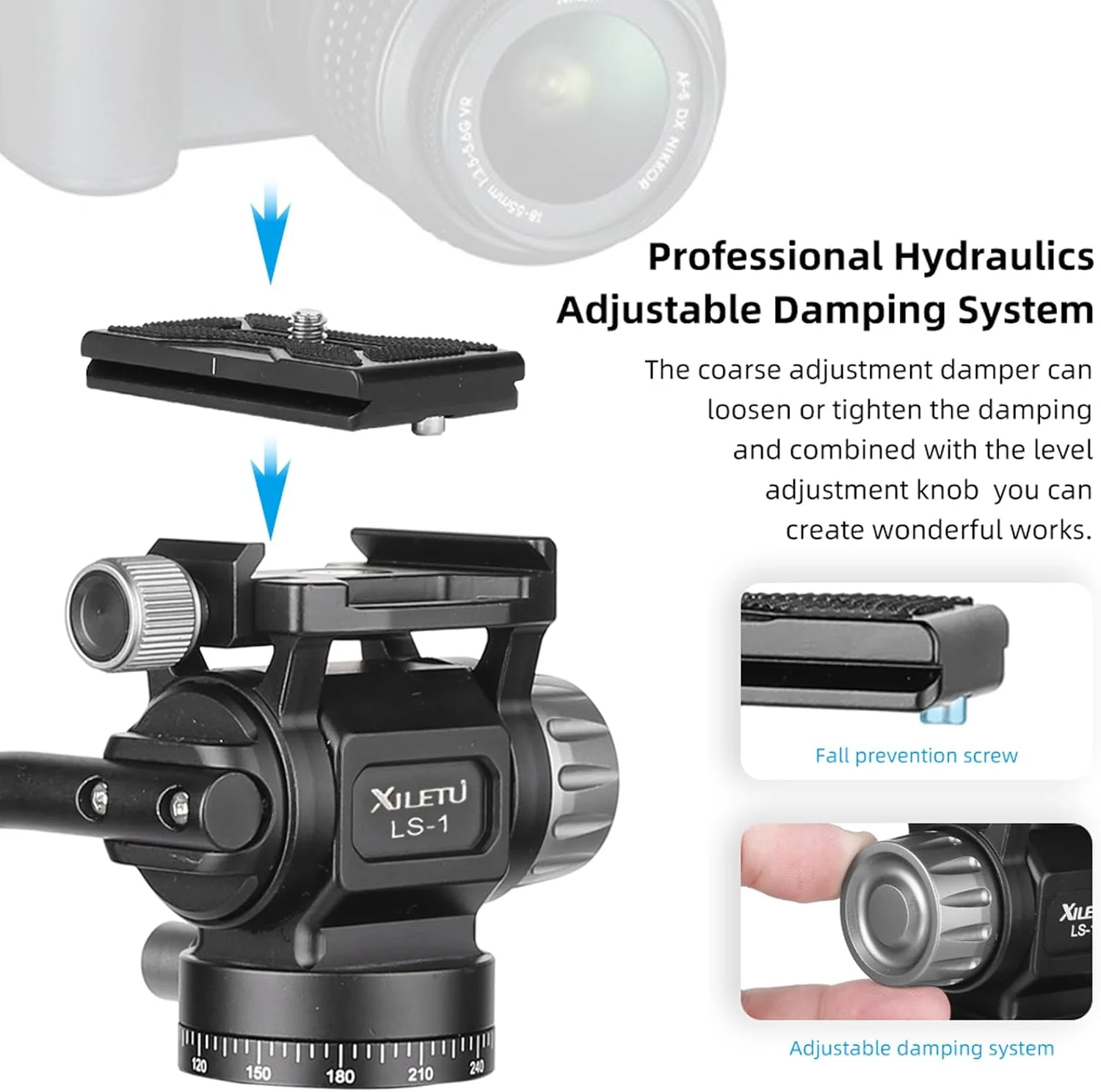 سه‌پایه XILETU با سر هیدرولیک و قابلیت چرخش و شیب با صفحه رهاسازی سریع و دسته، سر سه‌پایه فلزی دوربین سازگار با Arca Swiss برای دوربین‌های فیلمبرداری جمع و جور DSLR حداکثر وزن قابل تحمل 6 کیلوگرم
