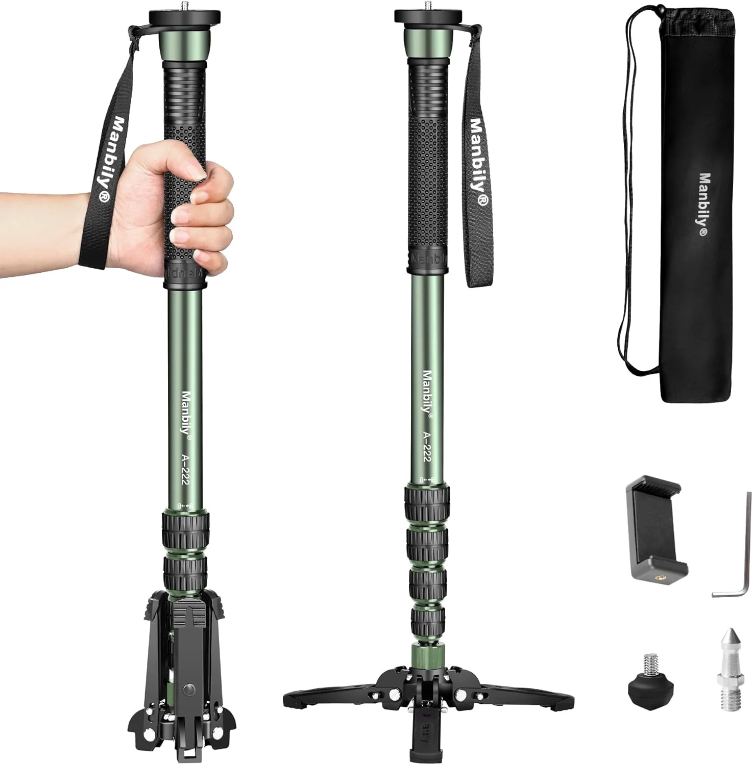 تک پایه دوربین Manbily A-222 با پایه، 5 قسمتی، 170 سانتی متر، حداکثر تحمل وزن 7 کیلوگرم، تک پایه های آلومینیومی قابل حمل و توسعه برای دوربین های DSLR Canon Nikon Sony Video Camcorder (سبز زیتونی)