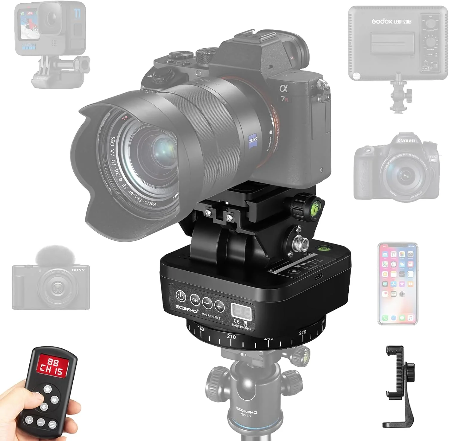 سر سه پایه پانوراما Soonpho M4، سر موتوردار دوربین با کنترل از راه دور، قابلیت چرخش و شیب، چرخش 360 درجه قابل تنظیم برقی به همراه گیره تلفن و کنترل از راه دور برای دوربین های DSLR و تلفن های هوشمند