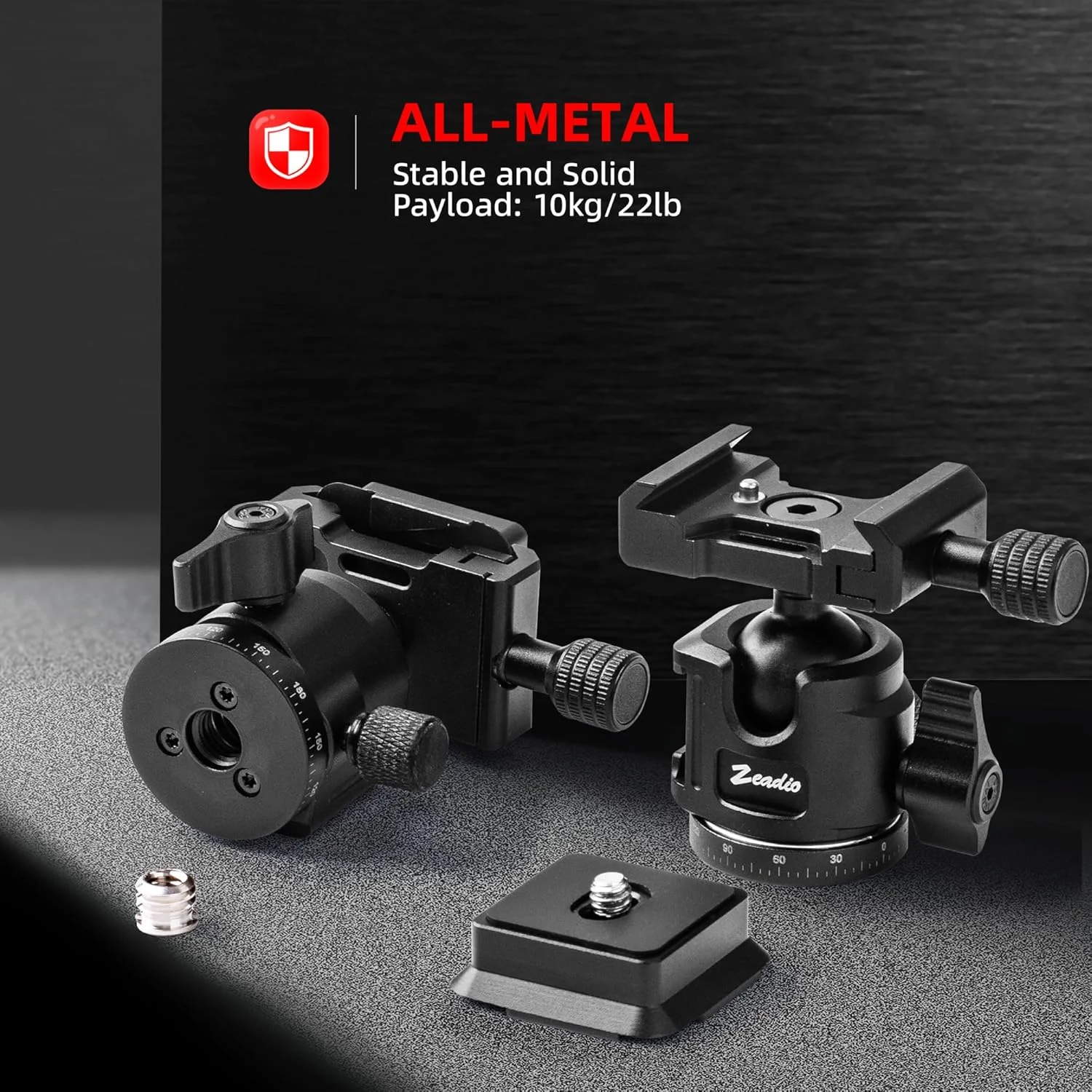 هد توپی یونیورسال Zeadio با صفحه Arca Swiss (صفحه رهاسازی سریع) - مقاوم تا 10 کیلوگرم، چرخش 360 درجه پانوراما با رزوه 1/4 اینچ و 3/8 اینچ