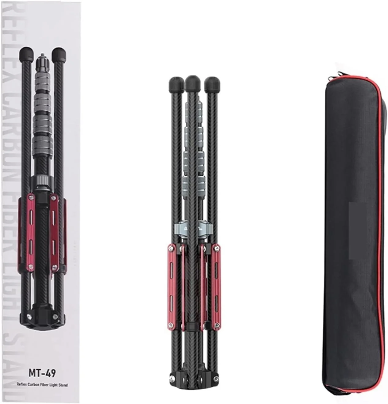 پایه نورپردازی فیبر کربنی HANWEJF MT-49 با ارتفاع 1.9 متر، سه پایه قابل حمل برای نور LED، فلاش، سافت باکس و تک پایه مسافرتی