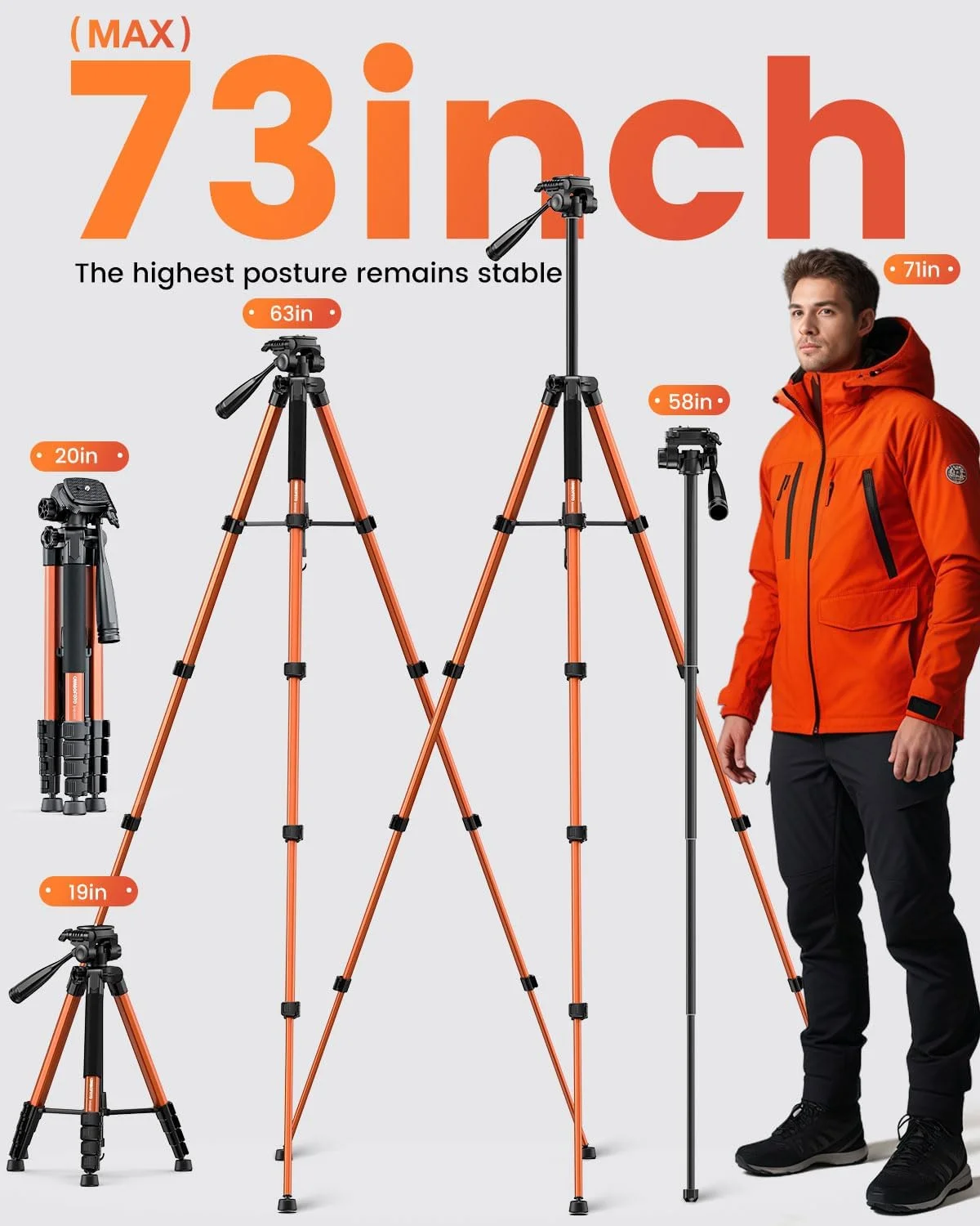سه پایه و تک پایه دوربین CAMBOFOTO 73 اینچی، سه پایه آلومینیومی حرفه ای برای دوربین های بدون آینه/DSLR/تلفن همراه/دوربین فیلمبرداری/GoPro، به همراه نگهدارنده تلفن و کیف مسافرتی (نارنجی سوخته)