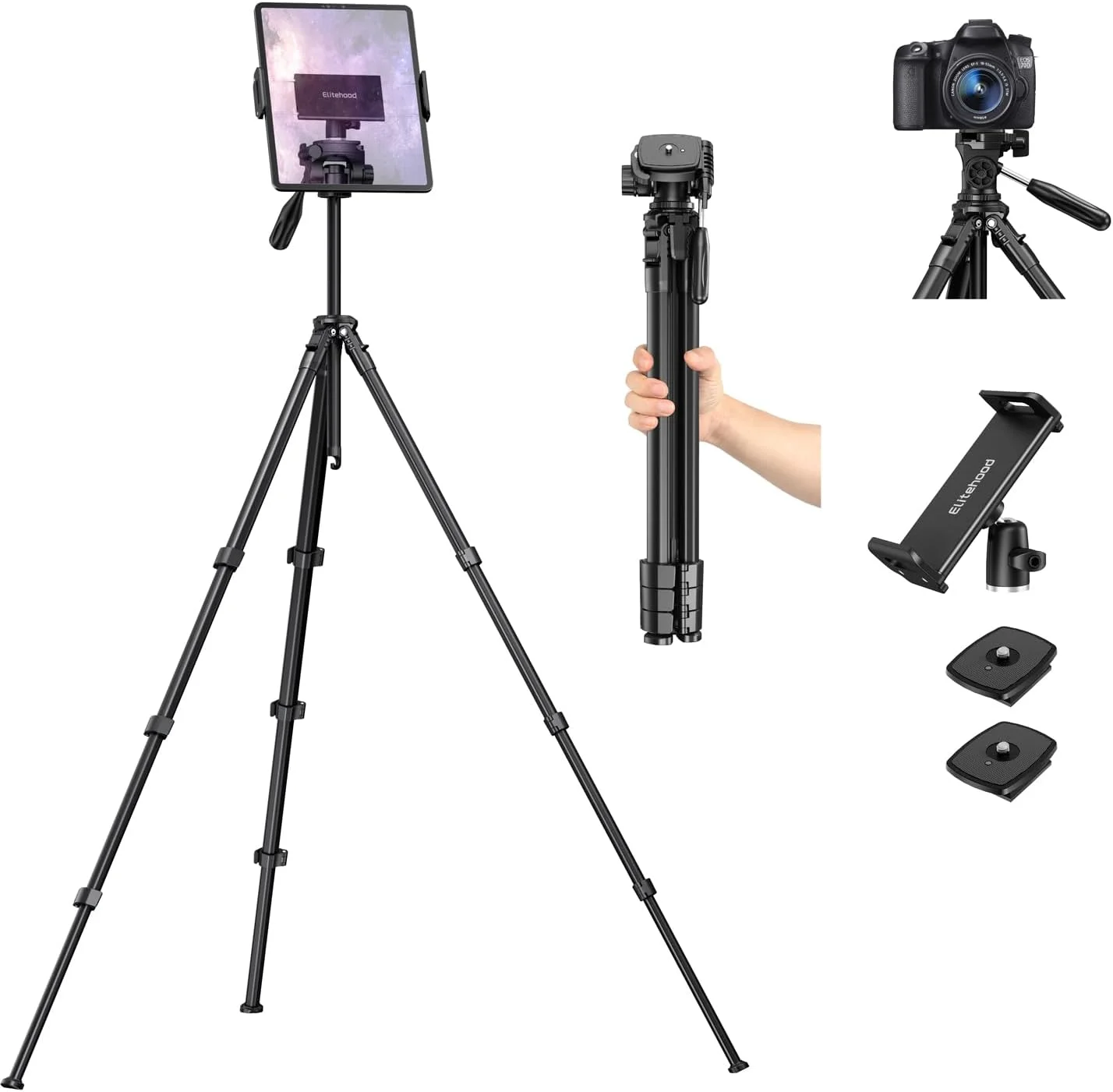 سه پایه 63 اینچی elitehood برای دوربین و ضبط ویدیو با آیپد، سه پایه مسافرتی جمع و جور برای فضای باز، ظرفیت بار 8 کیلوگرم، سازگار با DSLR و تبلت/تلفن 4.7-13 اینچی سه پایه 63 اینچی elitehood برای دوربین و ضبط ویدیو با آیپد، سه پایه مسافرتی جمع و جور برای فضای باز، ظرفیت بار 8 کیلوگرم، سازگار با DSLR و تبلت/تلفن 4.7-13 اینچی