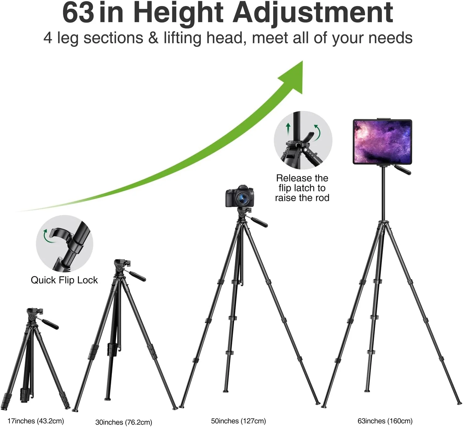 سه پایه 63 اینچی elitehood برای دوربین و ضبط ویدیو با آیپد، سه پایه مسافرتی جمع و جور برای فضای باز، ظرفیت بار 8 کیلوگرم، سازگار با DSLR و تبلت/تلفن 4.7-13 اینچی سه پایه 63 اینچی elitehood برای دوربین و ضبط ویدیو با آیپد، سه پایه مسافرتی جمع و جور برای فضای باز، ظرفیت بار 8 کیلوگرم، سازگار با DSLR و تبلت/تلفن 4.7-13 اینچی