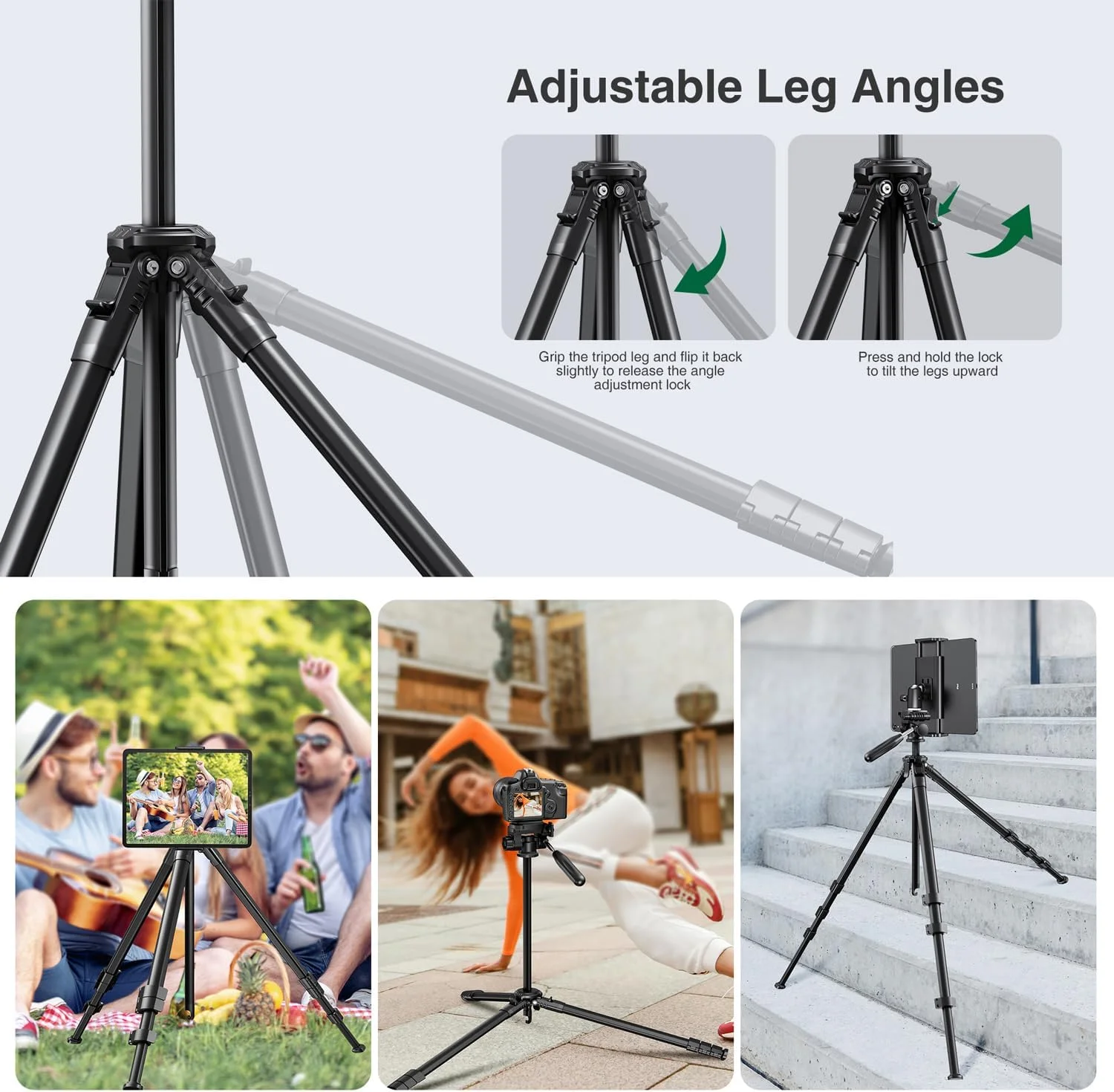 سه پایه 63 اینچی elitehood برای دوربین و ضبط ویدیو با آیپد، سه پایه مسافرتی جمع و جور برای فضای باز، ظرفیت بار 8 کیلوگرم، سازگار با DSLR و تبلت/تلفن 4.7-13 اینچی سه پایه 63 اینچی elitehood برای دوربین و ضبط ویدیو با آیپد، سه پایه مسافرتی جمع و جور برای فضای باز، ظرفیت بار 8 کیلوگرم، سازگار با DSLR و تبلت/تلفن 4.7-13 اینچی