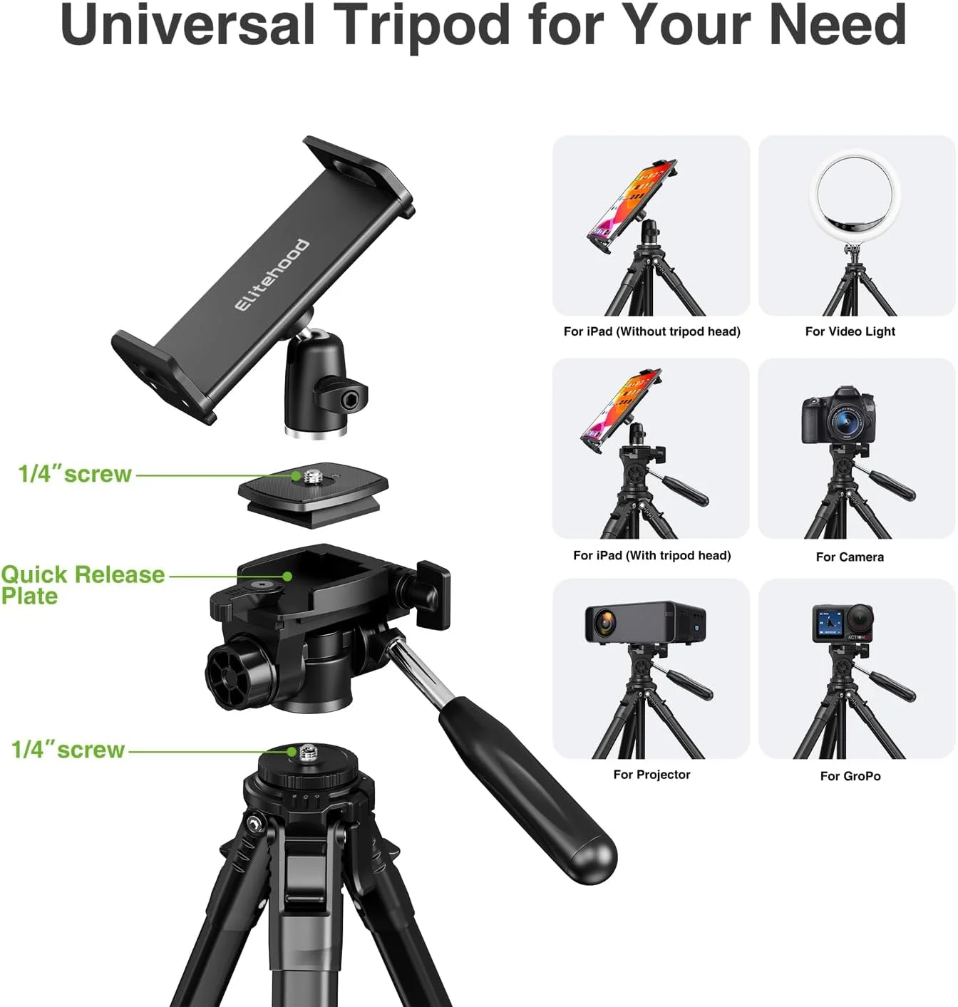 سه پایه 63 اینچی elitehood برای دوربین و ضبط ویدیو با آیپد، سه پایه مسافرتی جمع و جور برای فضای باز، ظرفیت بار 8 کیلوگرم، سازگار با DSLR و تبلت/تلفن 4.7-13 اینچی سه پایه 63 اینچی elitehood برای دوربین و ضبط ویدیو با آیپد، سه پایه مسافرتی جمع و جور برای فضای باز، ظرفیت بار 8 کیلوگرم، سازگار با DSLR و تبلت/تلفن 4.7-13 اینچی