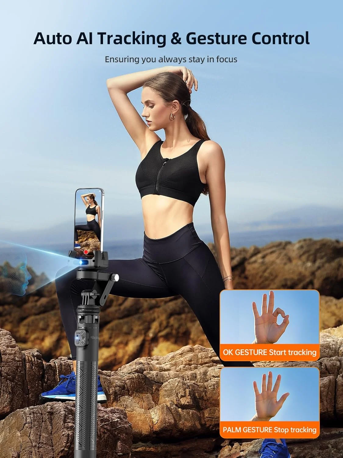 گیمبال Rollei Easy Creator با ردیابی هوش مصنوعی، استیک سلفی با ردیابی خودکار 360 درجه صورت به همراه کنترل از راه دور، تثبیت کننده ویدئو برای فیلمبرداری، پخش زنده، ضبط ویدئو و ولاگ