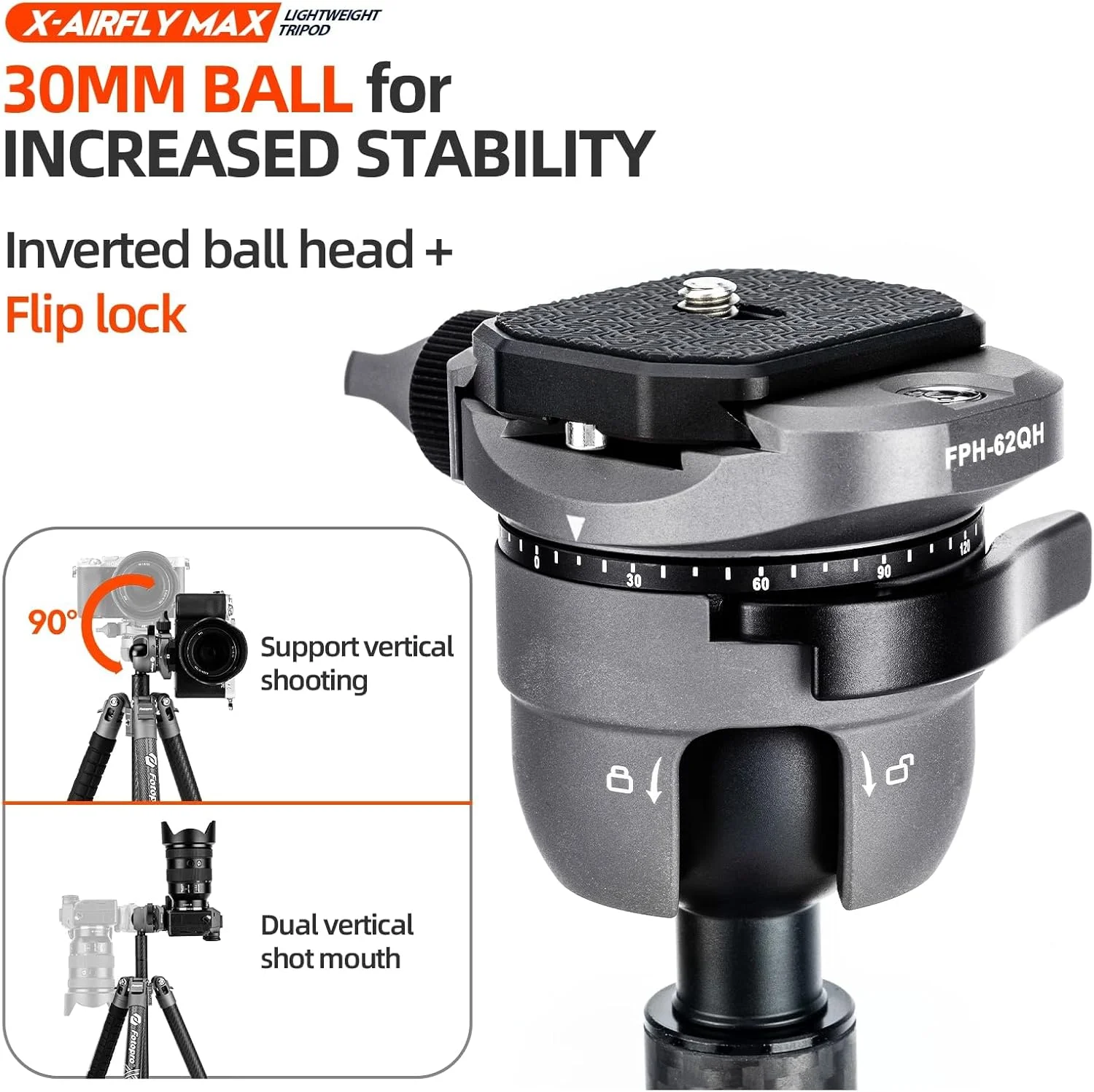 سه پایه مسافرتی فیبر کربنی 65 اینچی Fotopro، سه پایه دوربین حرفه ای سنگین با قفل چرخشی، کیف حمل، X-AIRFLY MAX خاکستری حداکثر بار 10 کیلوگرم