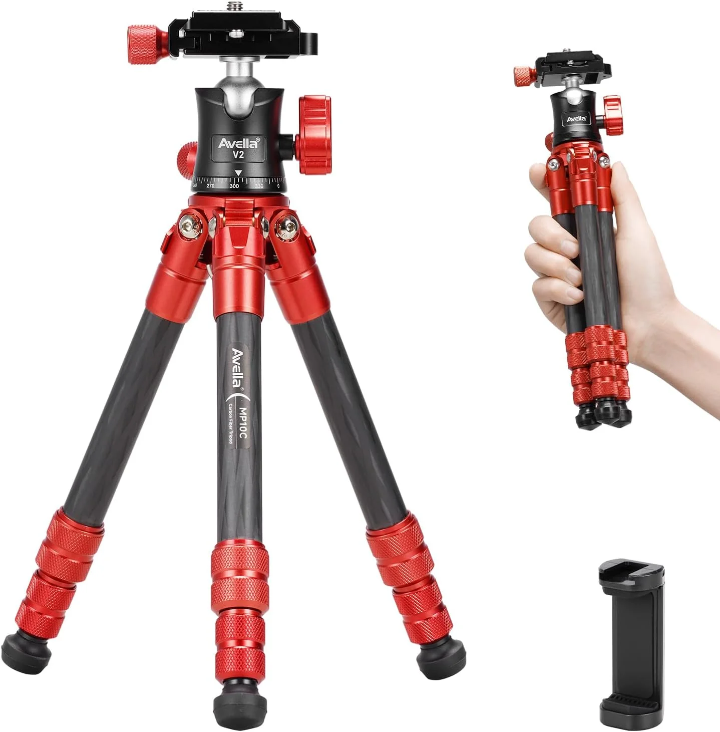 سه پایه دوربین کربنی کوچک Avella مدل MP10C، سه پایه رومیزی سبک و قابل حمل، طراحی فشرده با ستون مرکزی خارجی، سه پایه مسافرتی با هد توپی 360 درجه و براکت V Yoke برای دوربین DSLR