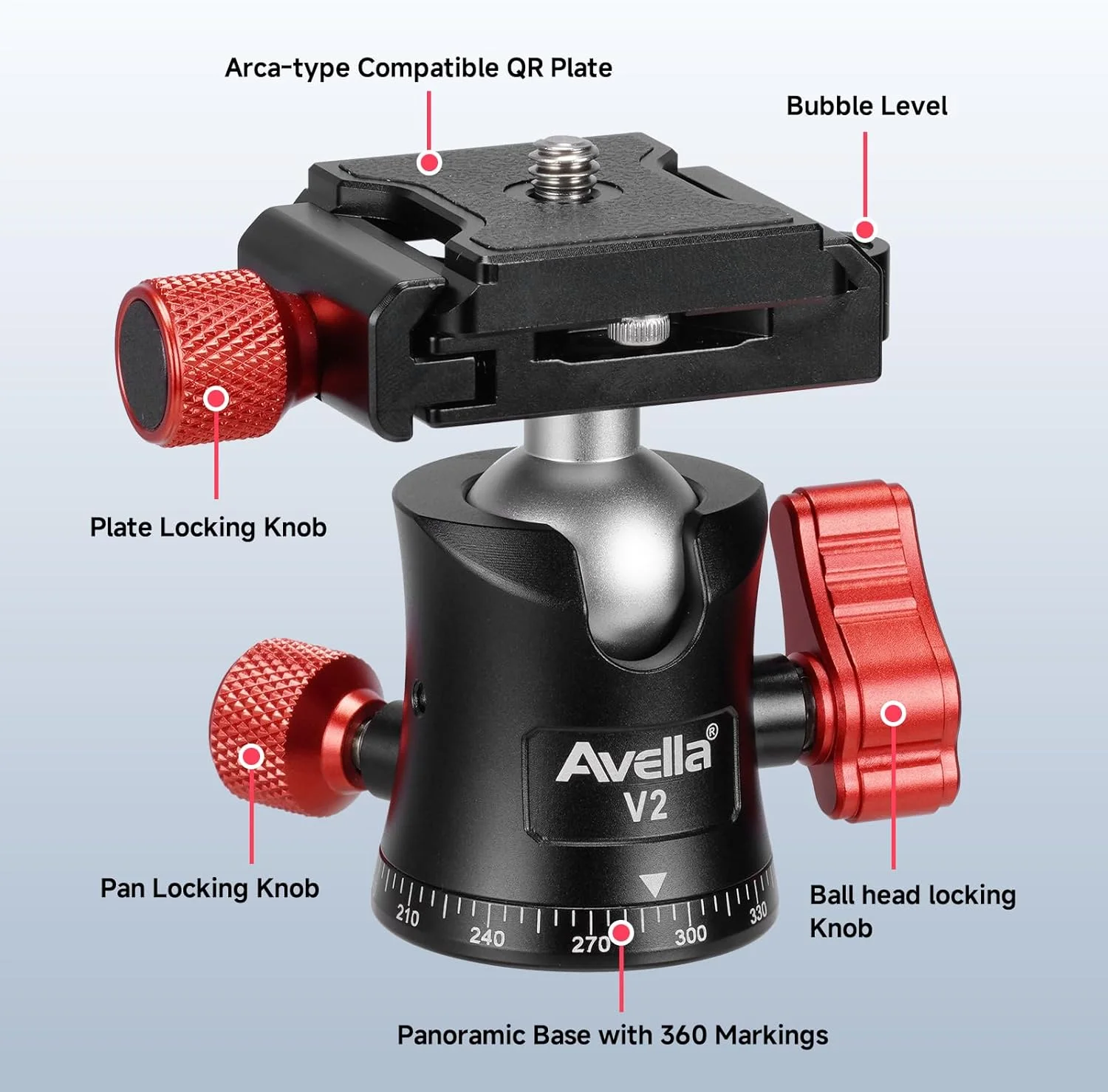 سه پایه دوربین کربنی کوچک Avella مدل MP10C، سه پایه رومیزی سبک و قابل حمل، طراحی فشرده با ستون مرکزی خارجی، سه پایه مسافرتی با هد توپی 360 درجه و براکت V Yoke برای دوربین DSLR