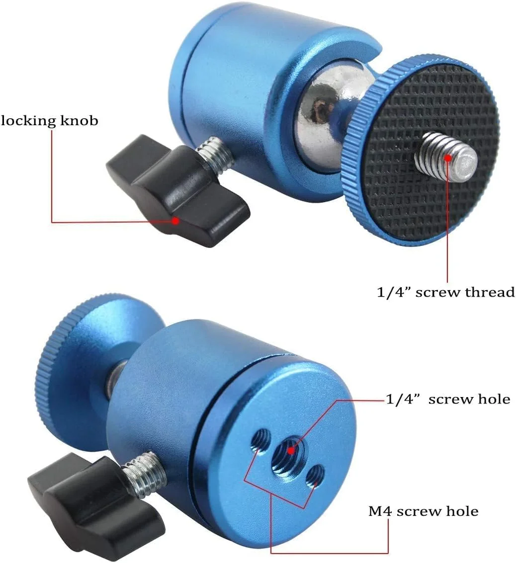 EXMAX مینی هد توپی 1/4 اینچی با چرخش 360 درجه، بدنه آلیاژ آلومینیوم با پایه رزوه پیچی استاندارد 1/4 اینچی برای پایه نور مونوپاد سازگار با HTC Vive Gopro - بسته 2 عددی آبی