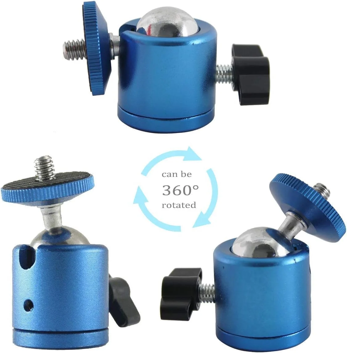 EXMAX مینی هد توپی 1/4 اینچی با چرخش 360 درجه، بدنه آلیاژ آلومینیوم با پایه رزوه پیچی استاندارد 1/4 اینچی برای پایه نور مونوپاد سازگار با HTC Vive Gopro - بسته 2 عددی آبی