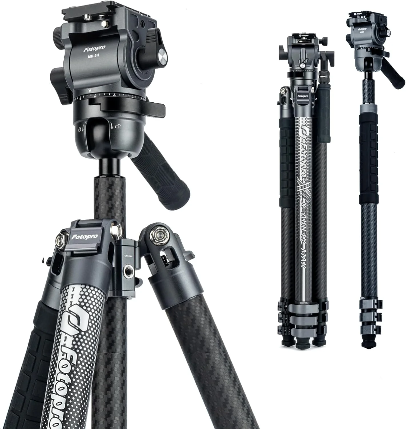 سه پایه فیبر کربنی Fotopro 67.3 اینچی، سه پایه مسافرتی با قفل چرخشی پن-شیب کروی هیدرولیک، سه پایه تک پایه ویدیویی 2 در 1 حرفه ای سنگین، X-AIRFLY Max Video خاکستری