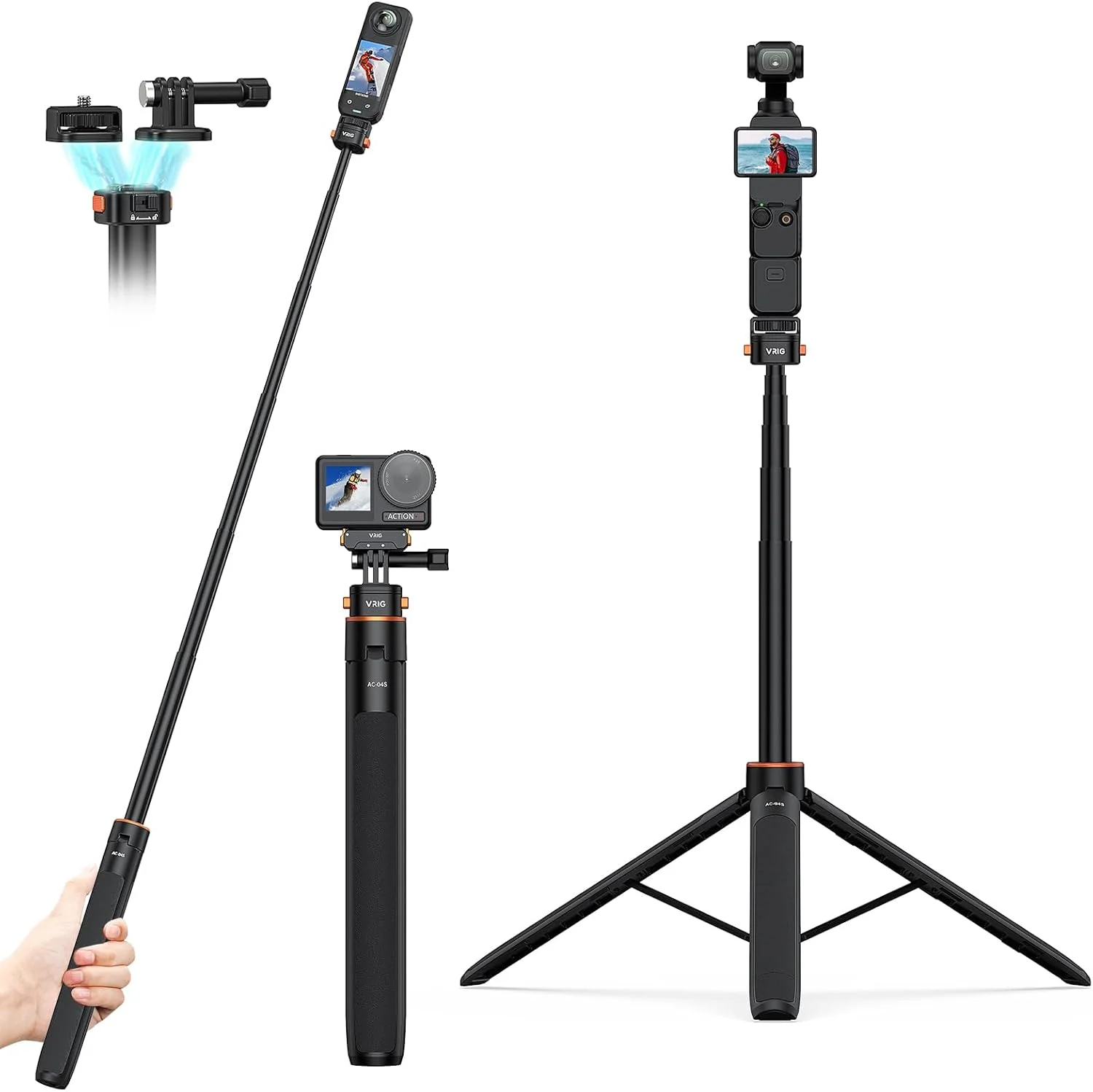 سه پایه سلفی استیک VRIG 64 اینچی Pocket 3 برای دوربین GoPro، سه پایه قابل افزایش با پیچ 1/4 اینچی Quick Release برای Insta 360 X5/X4، DJI OSMO 360/ Action 5Pro/4/3، Go Pro Hero 13 12 11 10 9، Session، SJCAM سه پایه سلفی استیک VRIG 64 اینچی Pocket 3 برای دوربین GoPro، سه پایه قابل افزایش با پیچ 1/4 اینچی Quick Release برای Insta 360 X5/X4، DJI OSMO 360/ Action 5Pro/4/3، Go Pro Hero 13 12 11 10 9، Session، SJCAM