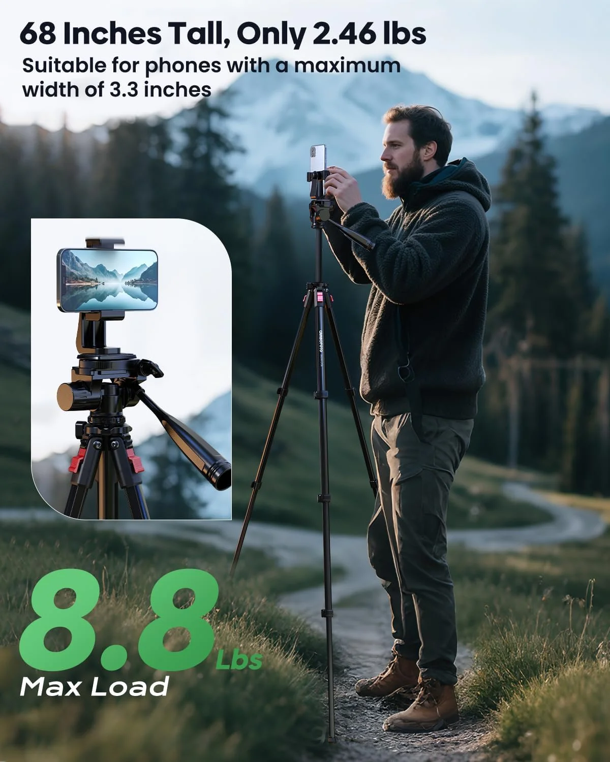 پایه دوربین سه پایه سبک وزن CAMBOFOTO 68 اینچی، سه پایه آلومینیومی مسافرتی قابل حمل و جمع و جور برای DSLR/SLR، سازگار با Canon/Nikon/Phone (پشتیبانی از 4 کیلوگرم، وزن 1.1 کیلوگرم) مشکی