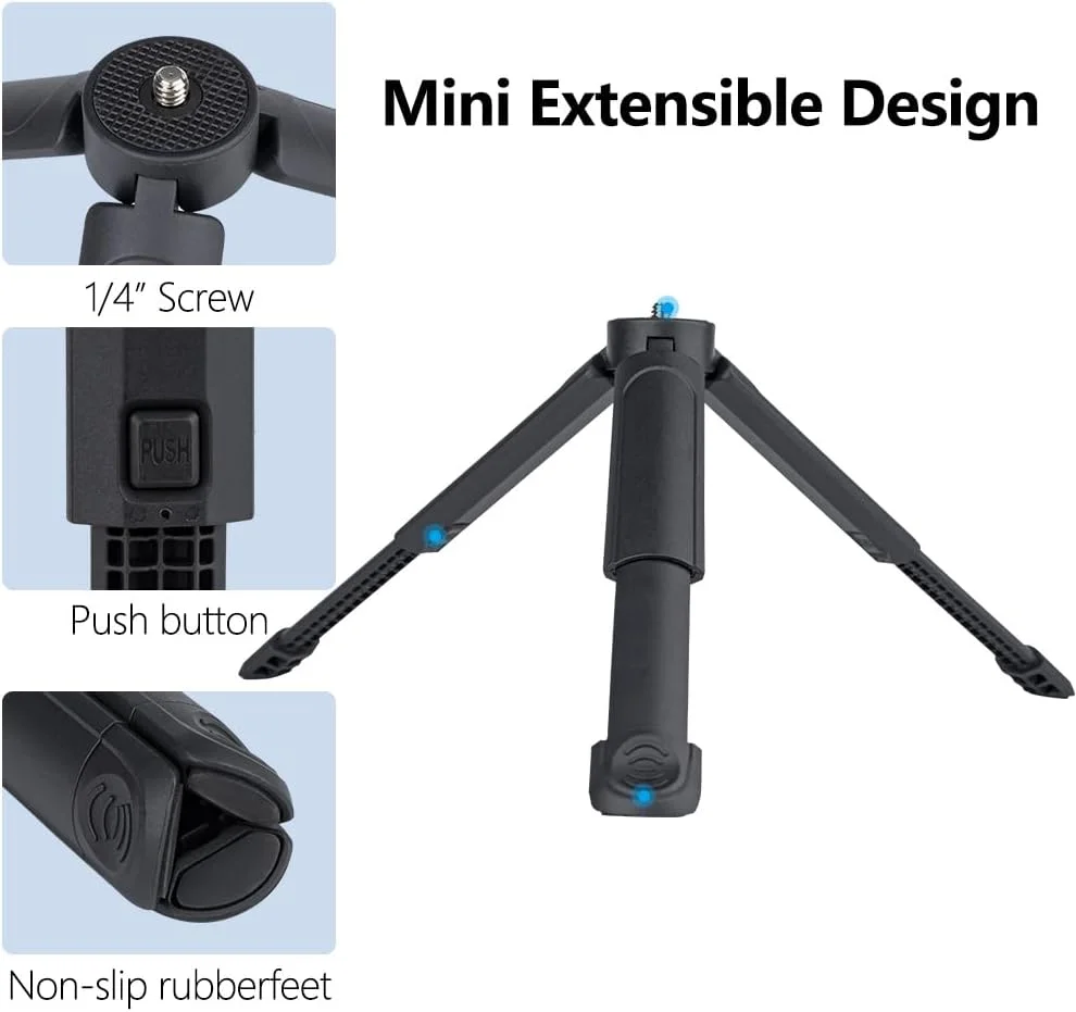 مینی سه پایه دوربین، پایه رومیزی قابل حمل با پیچ 1/4 اینچی، دسته گریپ قابل افزایش طول برای دوربین های DSLR، وب کم، تلفن