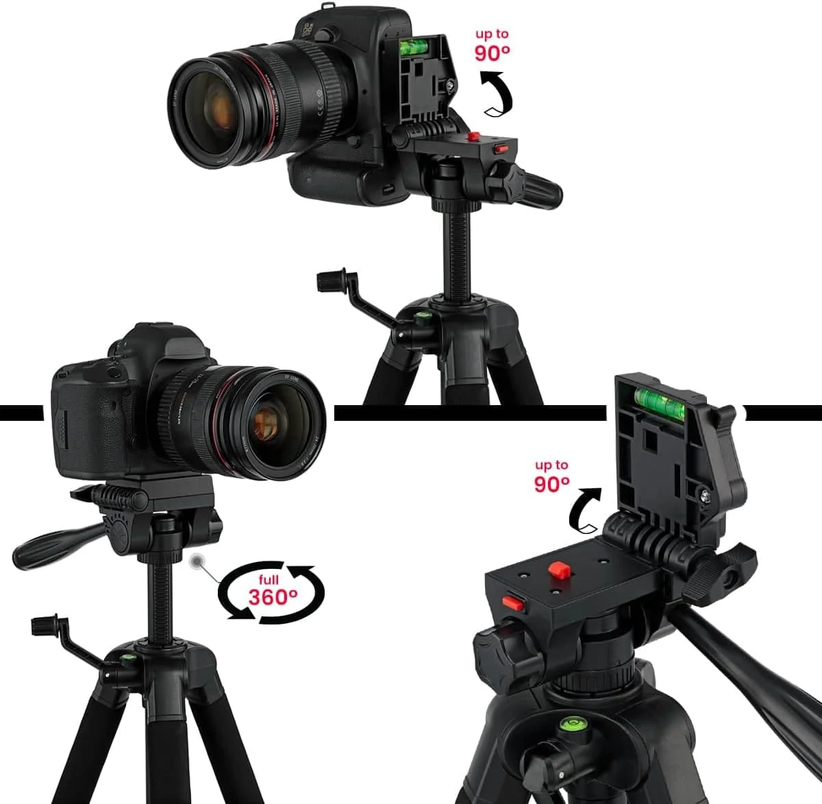 سه پایه دوربین Creative Mark Apex - سه پایه دوربین آلومینیومی سبک وزن با چرخش 360 درجه، شیب 90 درجه به جلو و عقب و پهلو، ارتفاع قابل تنظیم، صفحه رهاسازی سریع و کیف حمل نایلونی