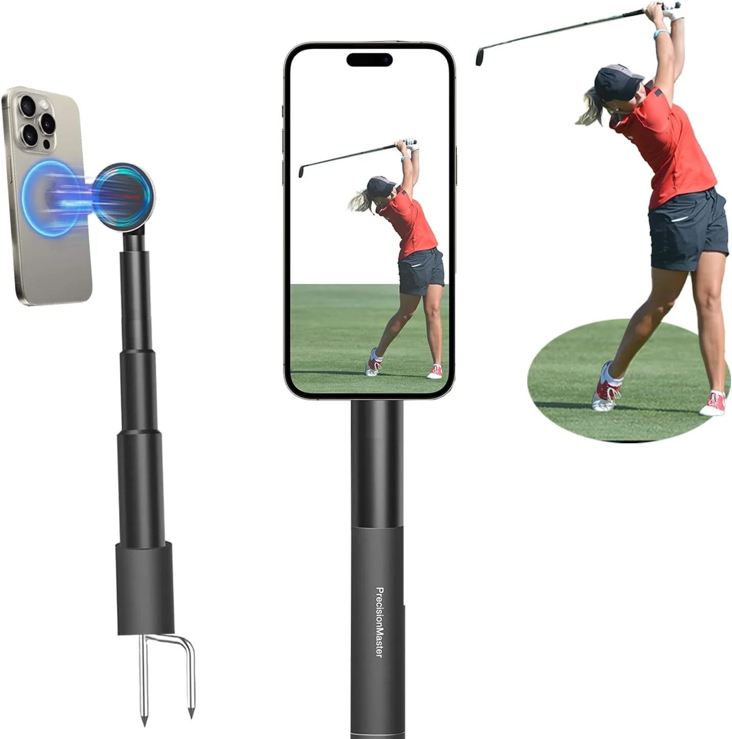 تک پایه گلف PrecisionMaster با نگهدارنده مغناطیسی تلفن و پایه آیپد، میله قابل تنظیم 54 اینچی با میخ های دوتایی فلزی برای تمرین چرخش گلف، سازگار با GoPro، Insta (مغناطیسی) تک پایه گلف PrecisionMaster با نگهدارنده مغناطیسی تلفن و پایه آیپد، میله قابل تنظیم 54 اینچی با میخ های دوتایی فلزی برای تمرین چرخش گلف، سازگار با GoPro، Insta (مغناطیسی)
