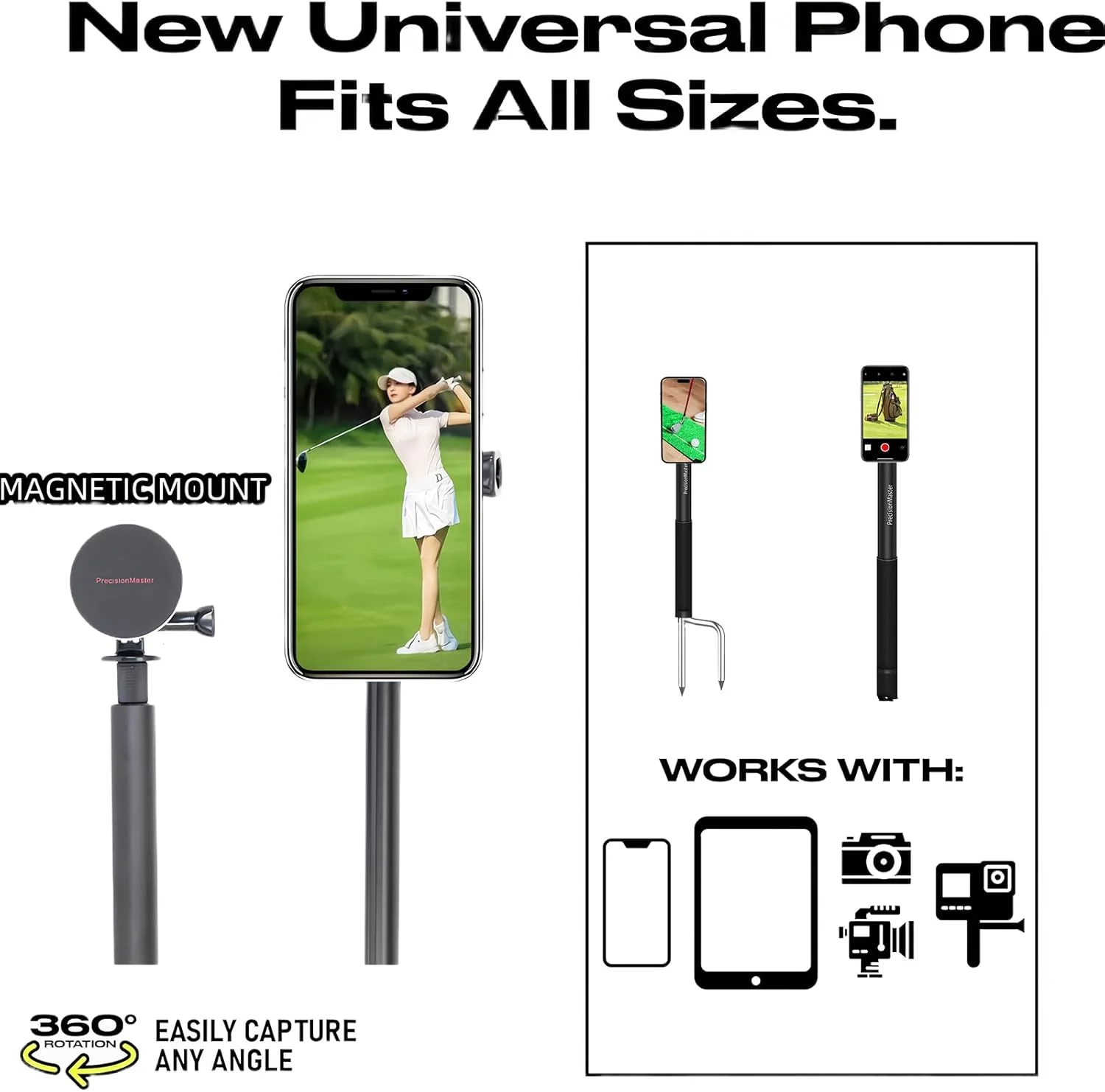 تک پایه گلف PrecisionMaster با نگهدارنده مغناطیسی تلفن و پایه آیپد، میله قابل تنظیم 54 اینچی با میخ های دوتایی فلزی برای تمرین چرخش گلف، سازگار با GoPro، Insta (مغناطیسی) تک پایه گلف PrecisionMaster با نگهدارنده مغناطیسی تلفن و پایه آیپد، میله قابل تنظیم 54 اینچی با میخ های دوتایی فلزی برای تمرین چرخش گلف، سازگار با GoPro، Insta (مغناطیسی)