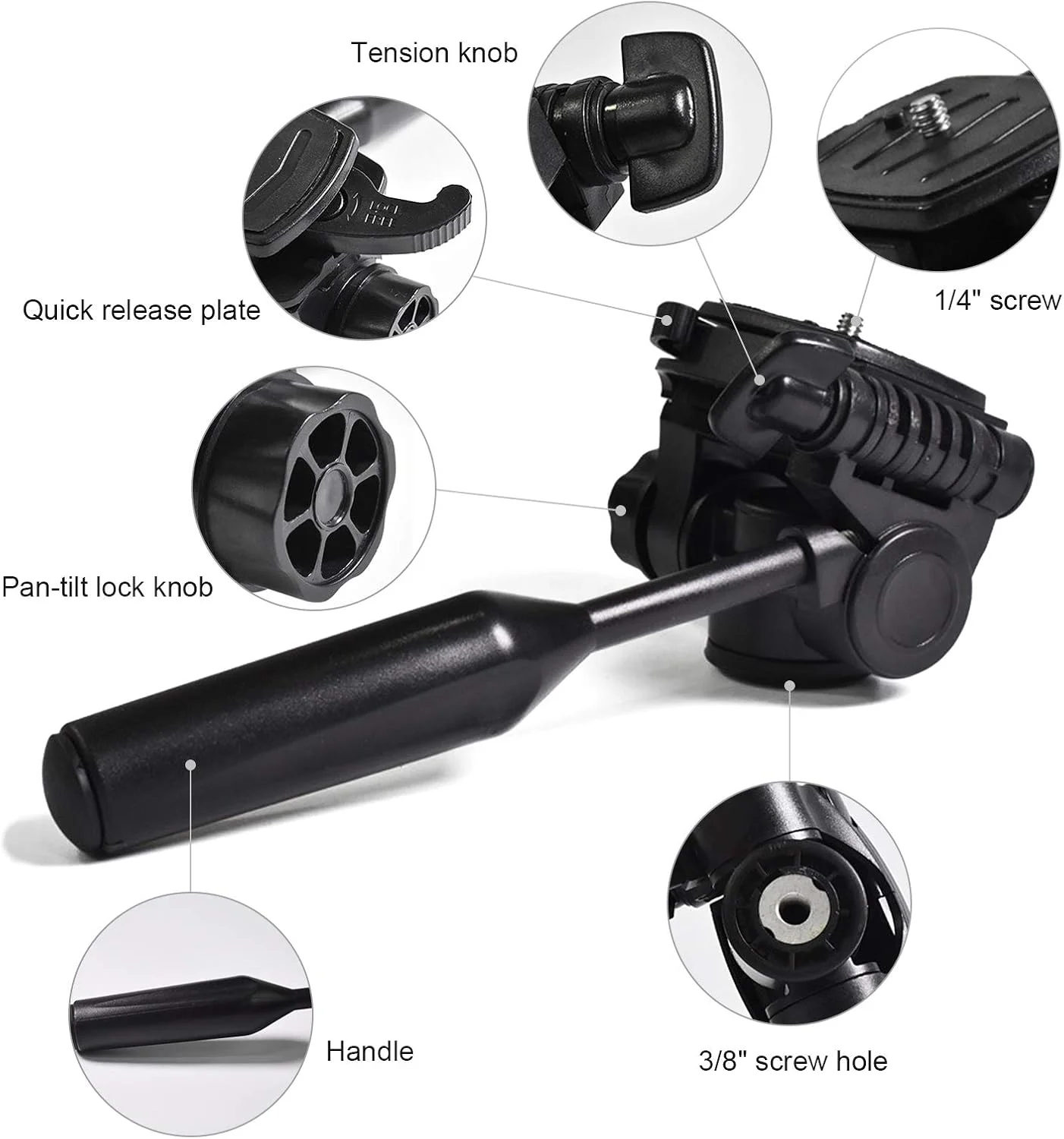 سر سه‌پایه با چرخش 360 درجه و شیب 90 درجه با پیچ‌های 3/8 و 1/4 اینچ برای سه‌پایه و تک‌پایه دوربین، طراحی سبک و بادوام (حداکثر تحمل وزن 5 کیلوگرم)