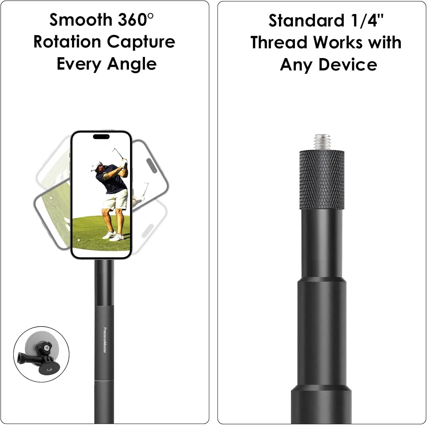تک پایه گلف PrecisionMaster با نگهدارنده مغناطیسی تلفن و پایه آیپد، میله قابل تنظیم 54 اینچی با میخ های دوتایی فلزی برای تمرین چرخش گلف، سازگار با GoPro، Insta (مغناطیسی) تک پایه گلف PrecisionMaster با نگهدارنده مغناطیسی تلفن و پایه آیپد، میله قابل تنظیم 54 اینچی با میخ های دوتایی فلزی برای تمرین چرخش گلف، سازگار با GoPro، Insta (مغناطیسی)