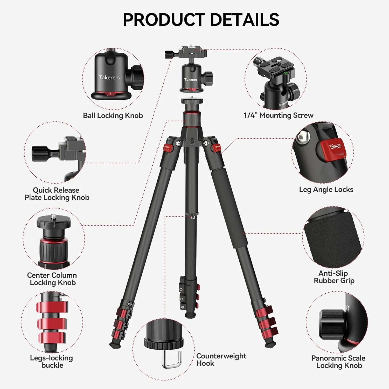 سه پایه فیبر کربنی Takerers برای دوربین DSLR، 158 سانتی‌متر، سه پایه دوربین حرفه‌ای، سه پایه مسافرتی قابل حمل و جمع و جور برای Sony Nikon Canon DSLR و غیره، هد توپی فلزی 360 درجه، حداکثر بار 12 کیلوگرم