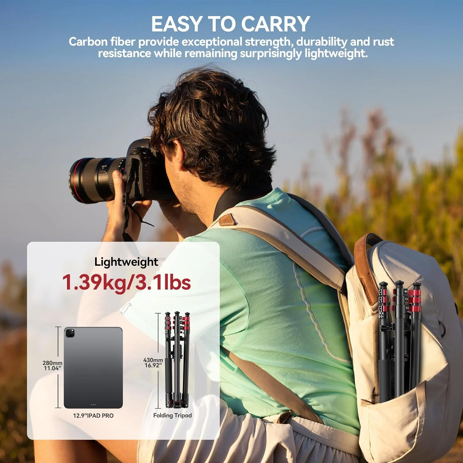 سه پایه فیبر کربنی Takerers برای دوربین DSLR، 158 سانتی‌متر، سه پایه دوربین حرفه‌ای، سه پایه مسافرتی قابل حمل و جمع و جور برای Sony Nikon Canon DSLR و غیره، هد توپی فلزی 360 درجه، حداکثر بار 12 کیلوگرم