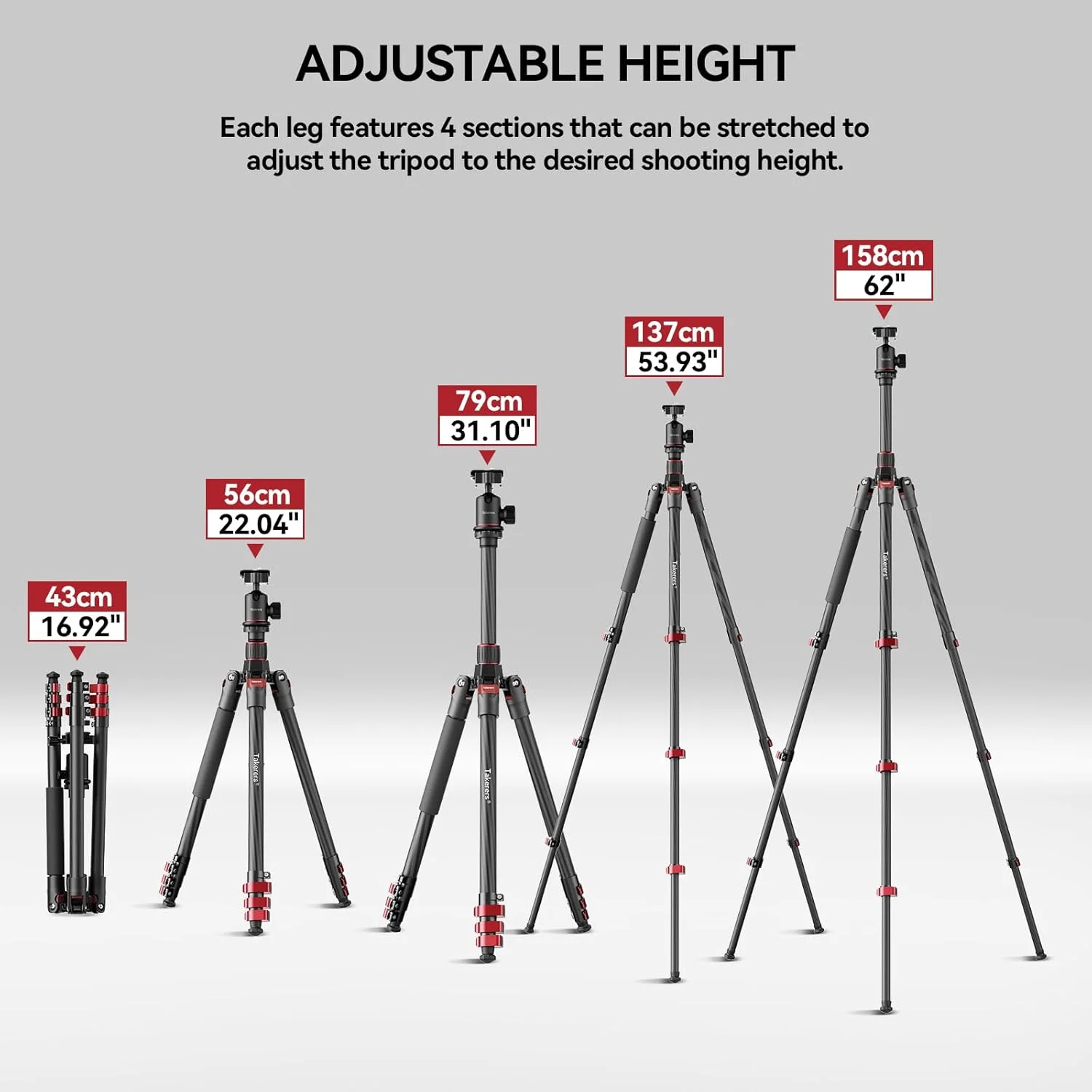 سه پایه فیبر کربنی Takerers برای دوربین DSLR، 158 سانتی‌متر، سه پایه دوربین حرفه‌ای، سه پایه مسافرتی قابل حمل و جمع و جور برای Sony Nikon Canon DSLR و غیره، هد توپی فلزی 360 درجه، حداکثر بار 12 کیلوگرم