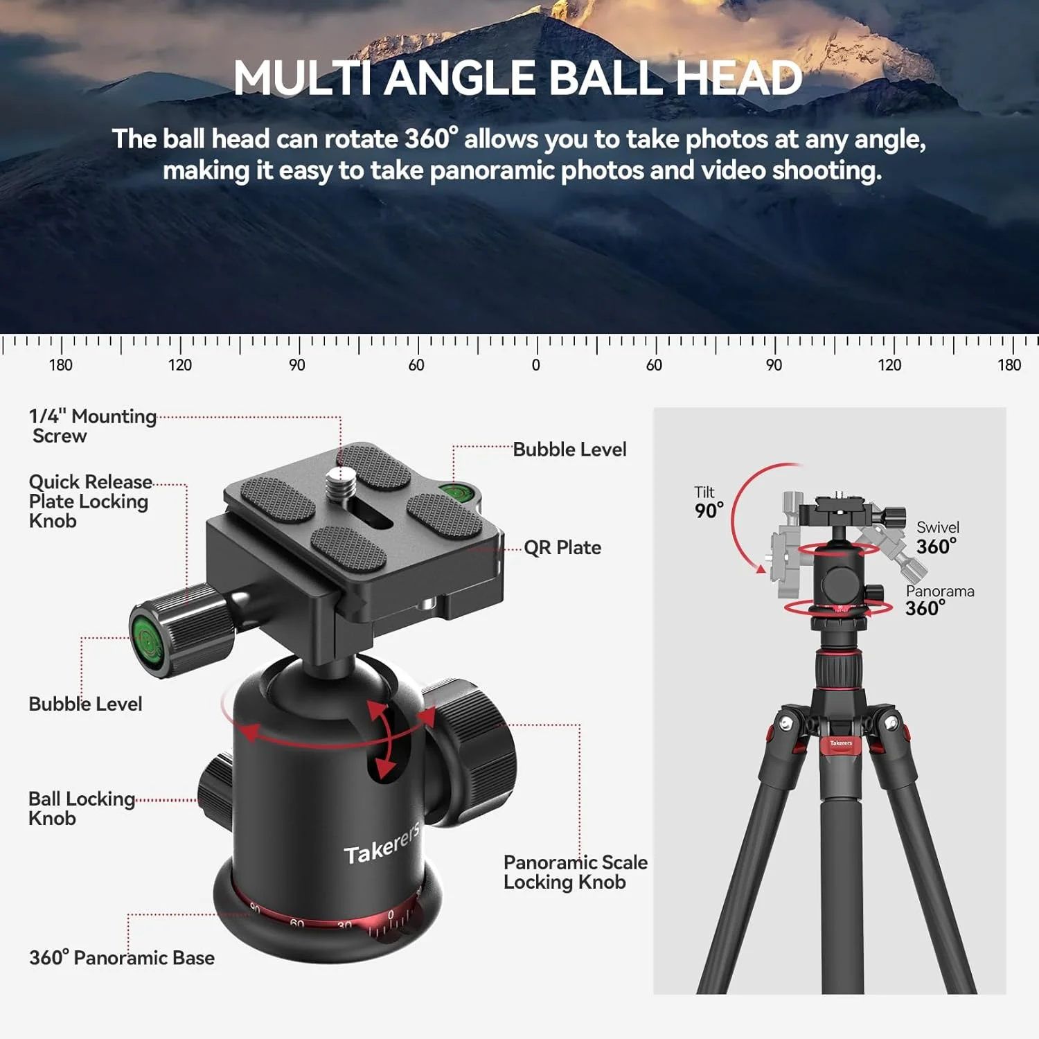 سه پایه فیبر کربنی Takerers برای دوربین DSLR، 158 سانتی‌متر، سه پایه دوربین حرفه‌ای، سه پایه مسافرتی قابل حمل و جمع و جور برای Sony Nikon Canon DSLR و غیره، هد توپی فلزی 360 درجه، حداکثر بار 12 کیلوگرم